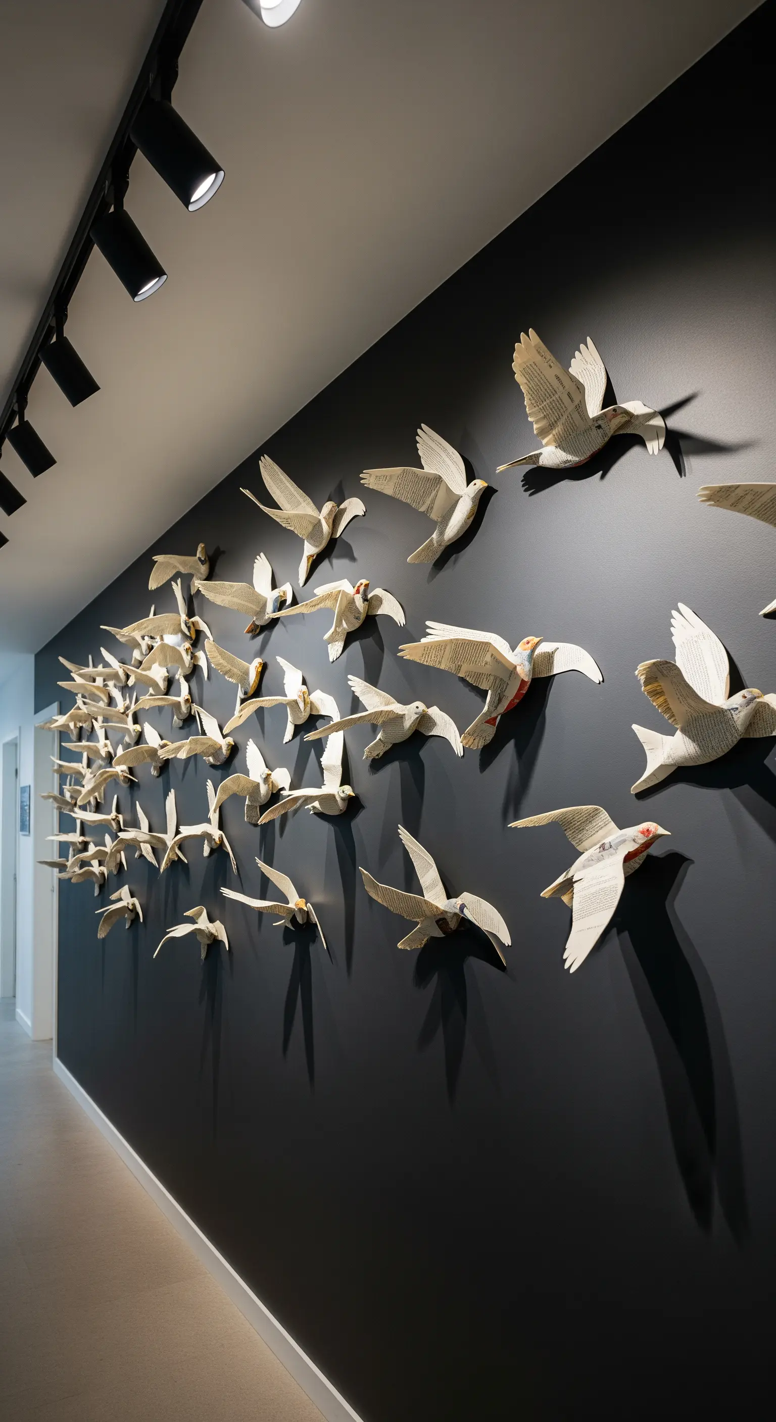 Installazione murale di uccelli in volo realizzati con pagine di libro su una parete grigio scuro.
