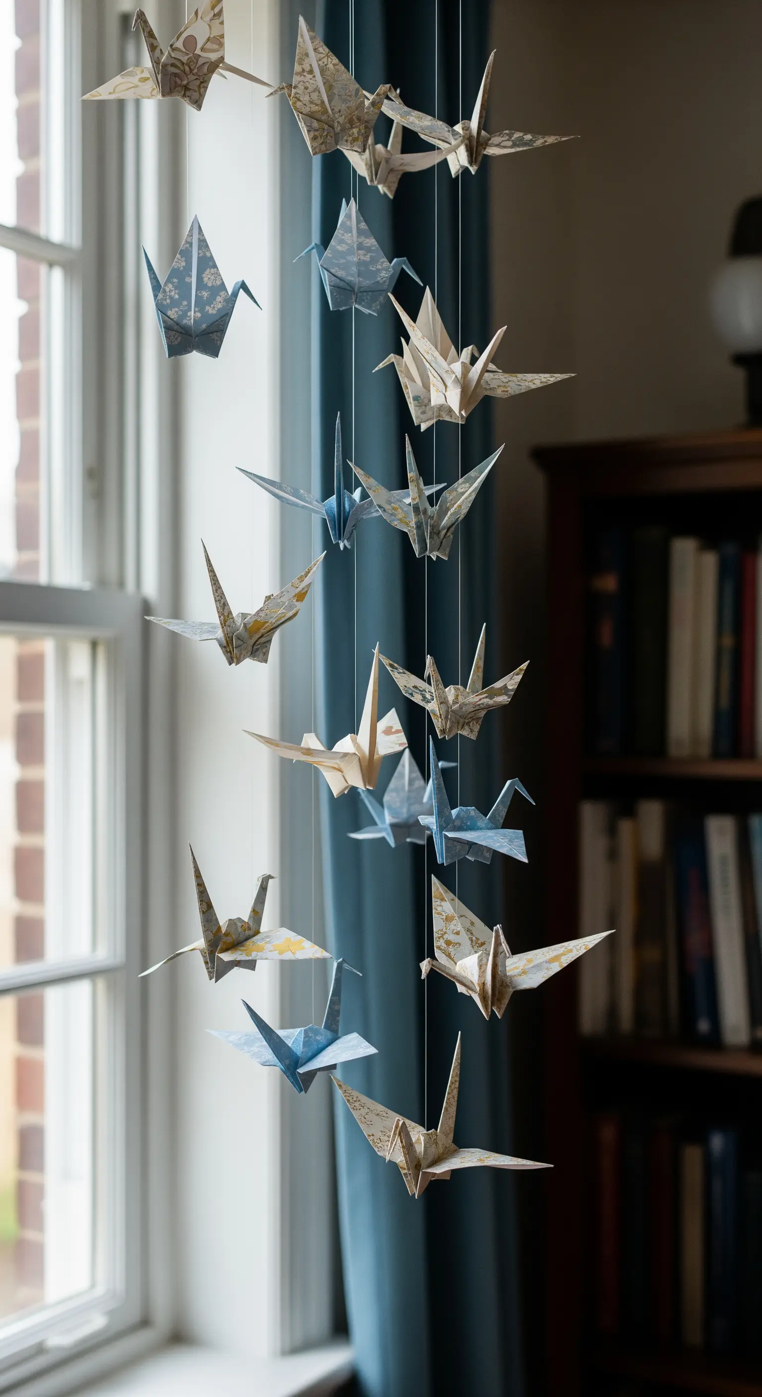 Mobile di origami a forma di gru appeso davanti a una finestra con tende blu.