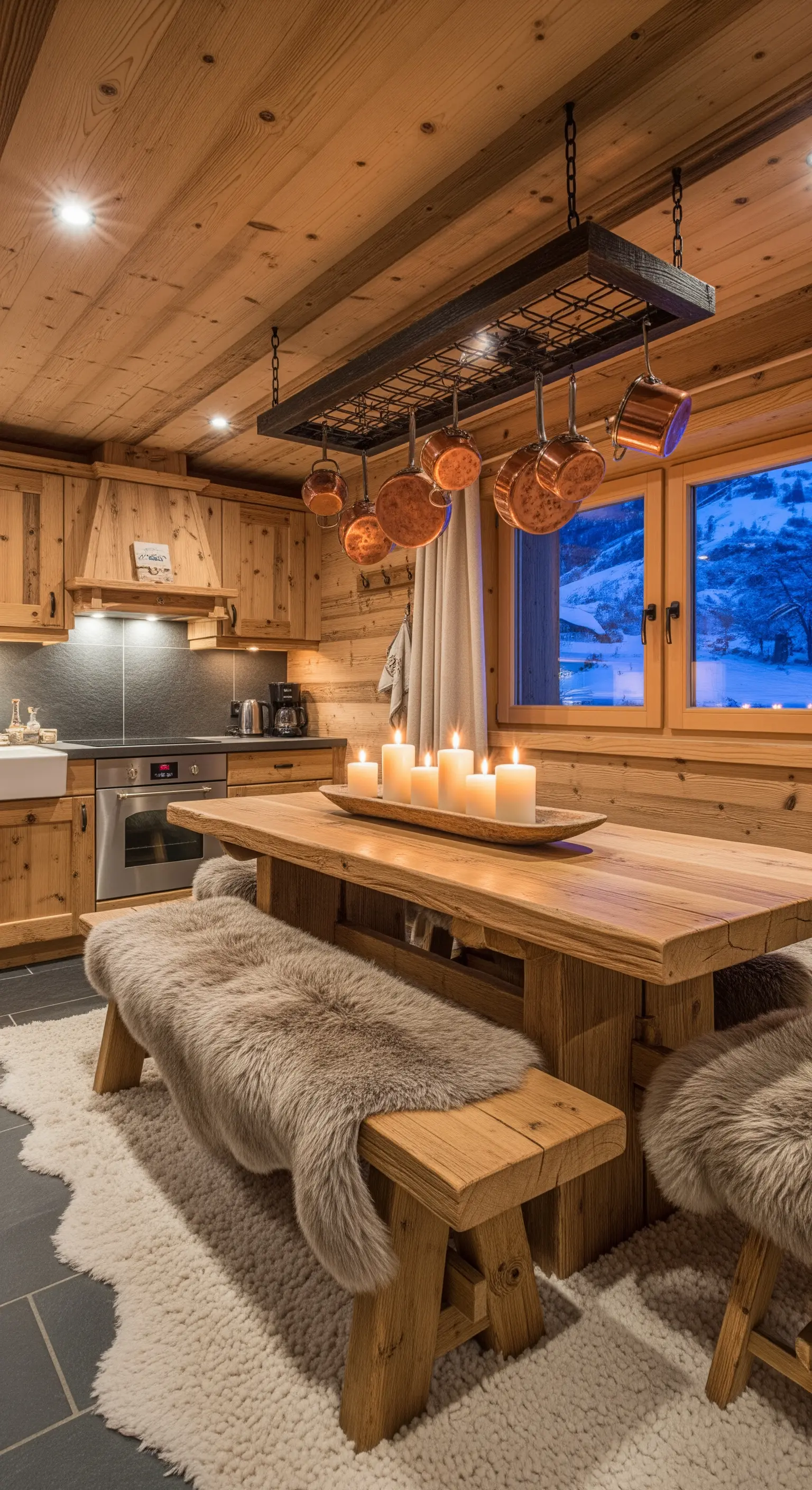 Cucina in stile baita con pelli di pecora sulle panche e un tappeto a pelo lungo bianco.