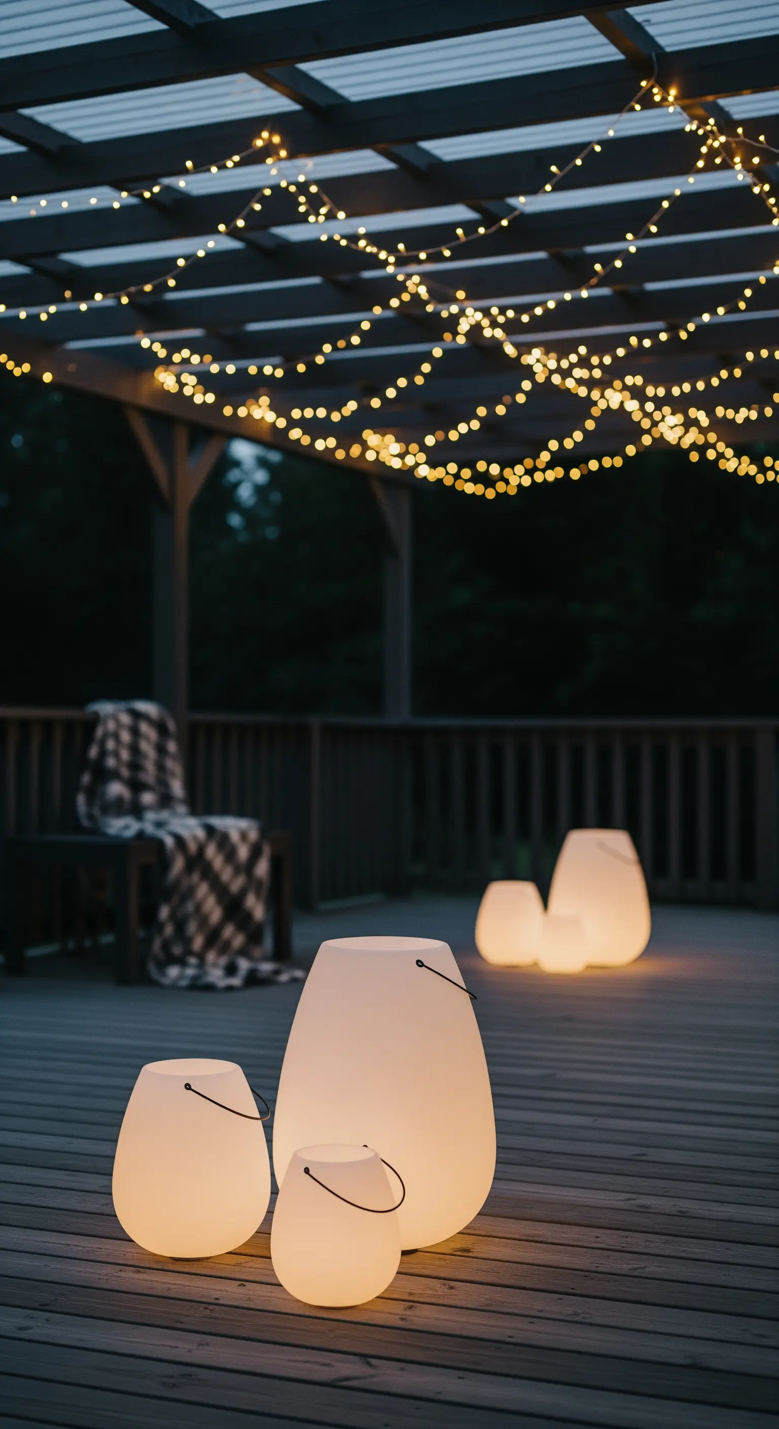 Pergola in legno scuro illuminata da fili di luci e lampade da terra di design.