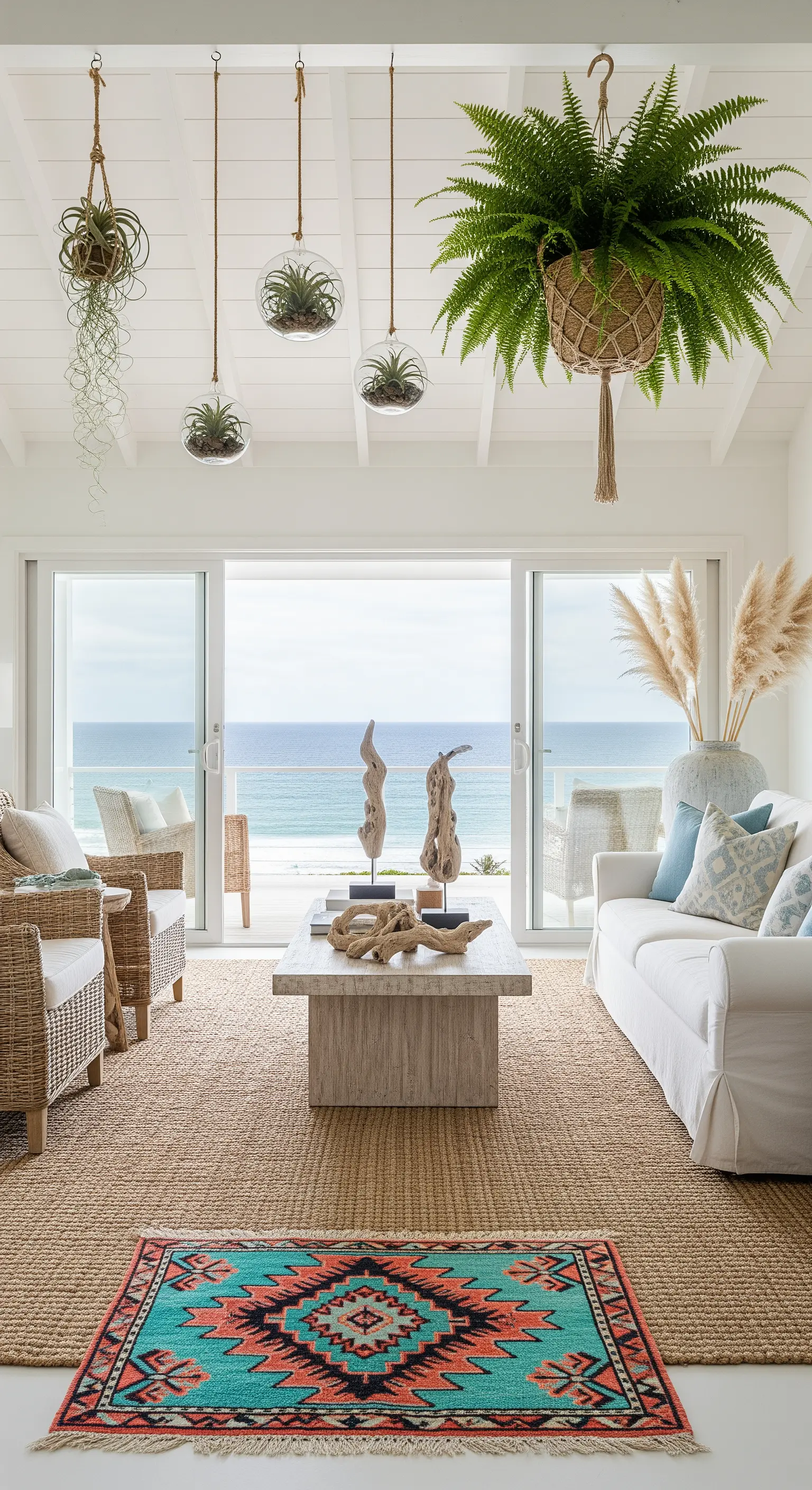 Salotto stile coastal con tappeto in juta e un kilim turchese sovrapposto. Piante in terrari sospesi.