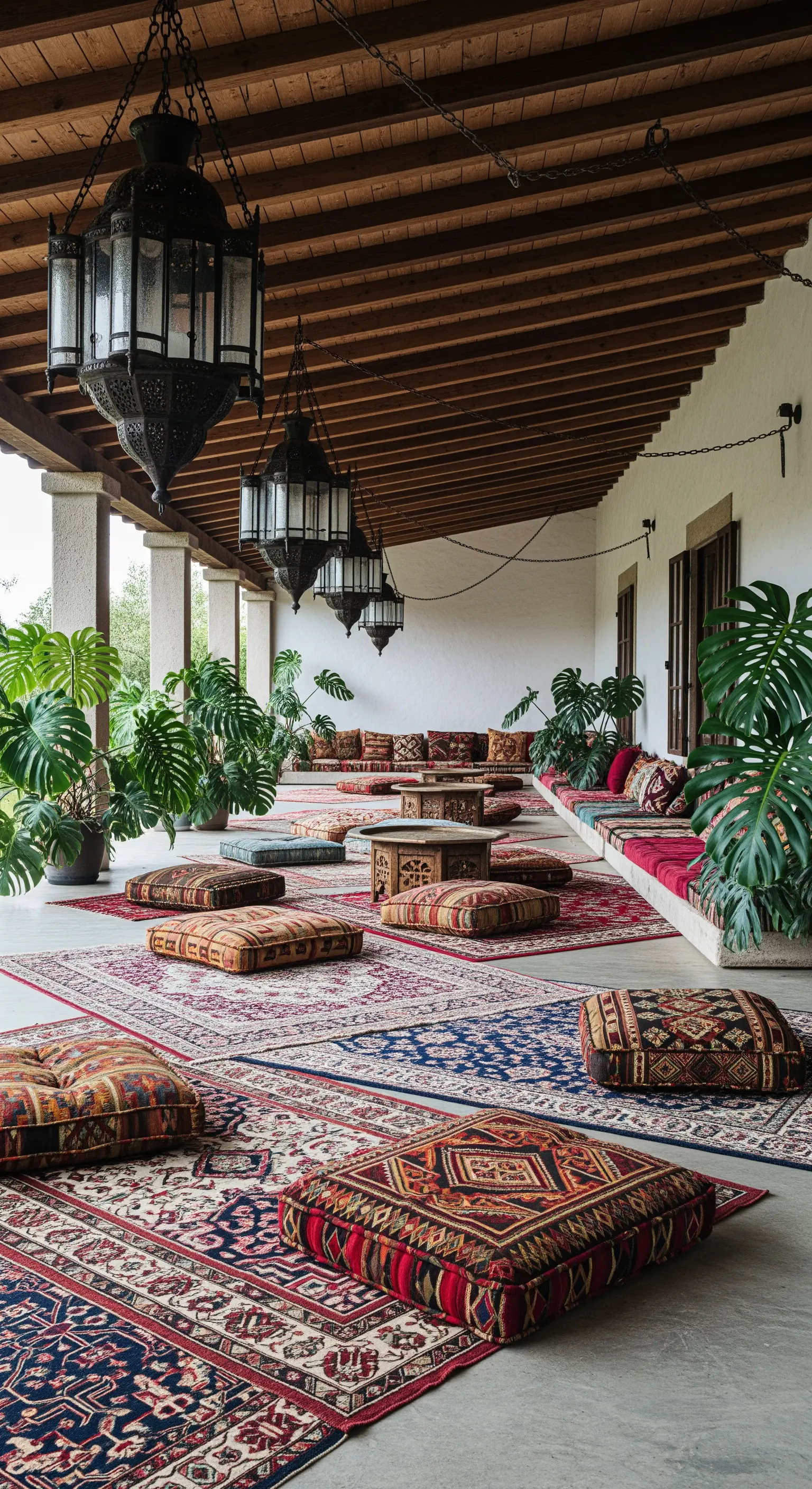 Ampio portico con sedute basse a terra, tappeti kilim sovrapposti e grandi lanterne scure.