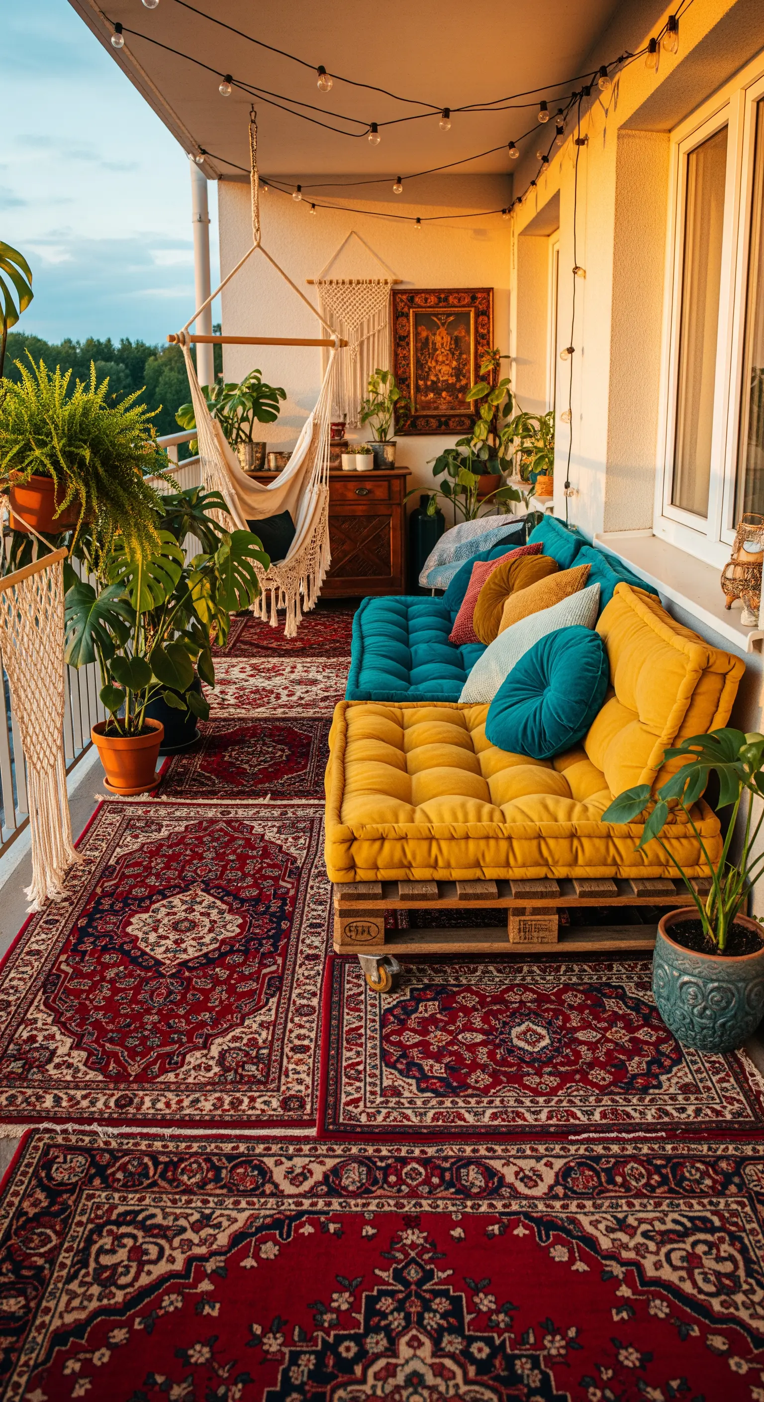 Balcone bohémien con divano in pallet, tappeti persiani sovrapposti, amaca e piante rigogliose.
