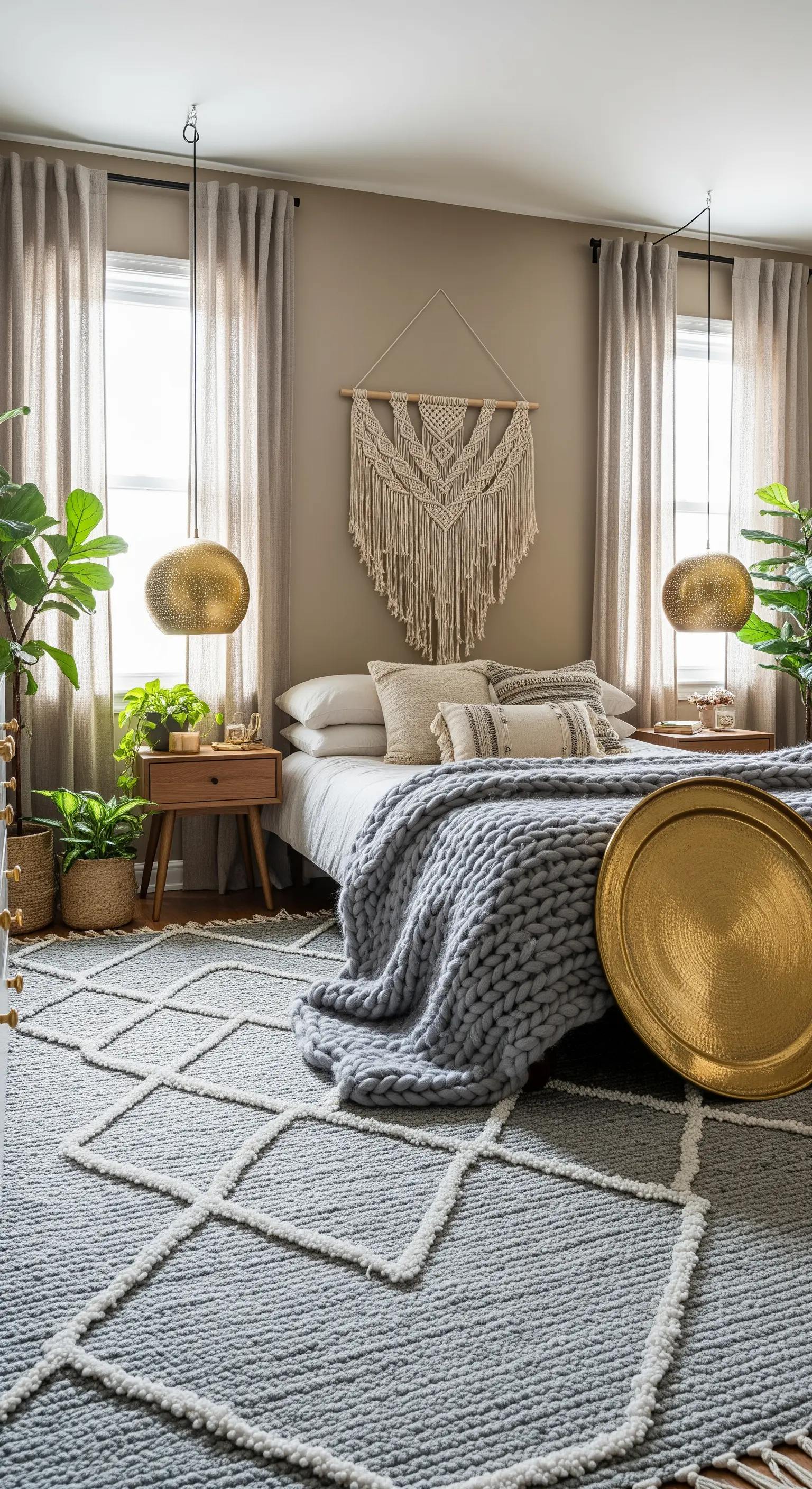 Camera da letto in stile bohémien con tappeto a trama grossa, coperta chunky e lampade dorate a sospensione.