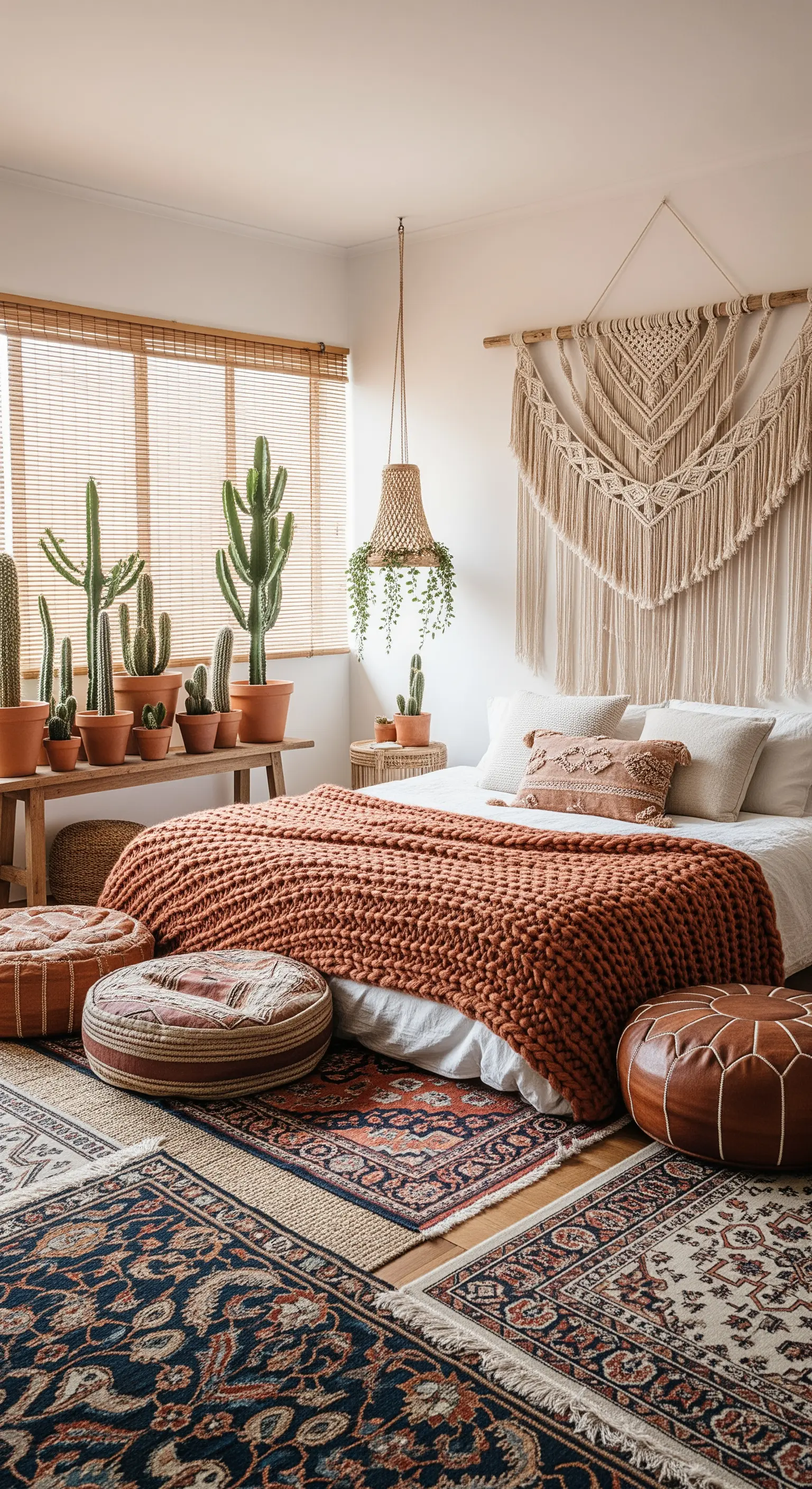 Camera da letto bohémien con tappeti sovrapposti, coperta in maglia spessa e piante di cactus.