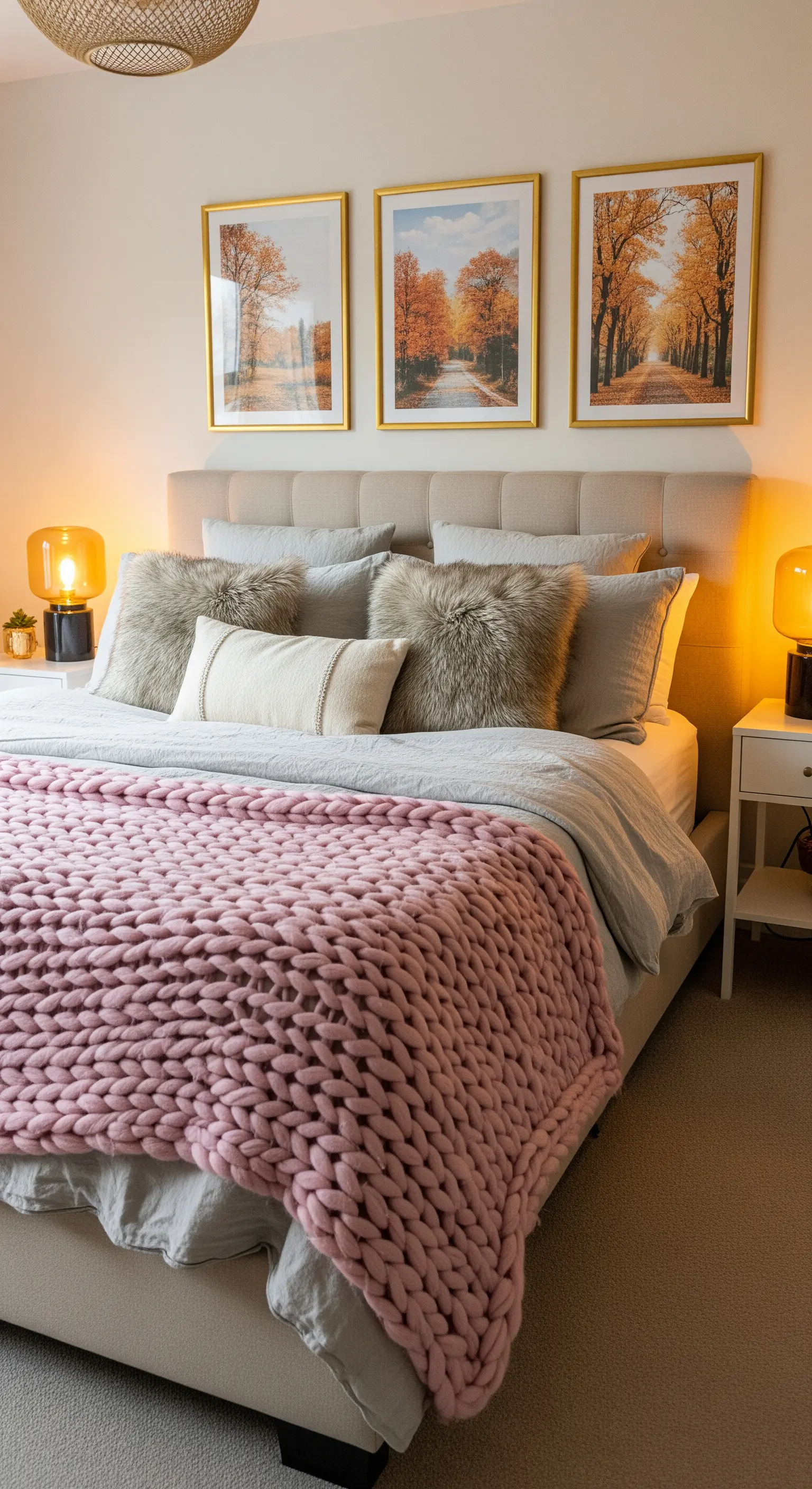 Letto con strati di tessuti diversi: coperta a maglia grossa rosa, cuscini in pelliccia e lino.