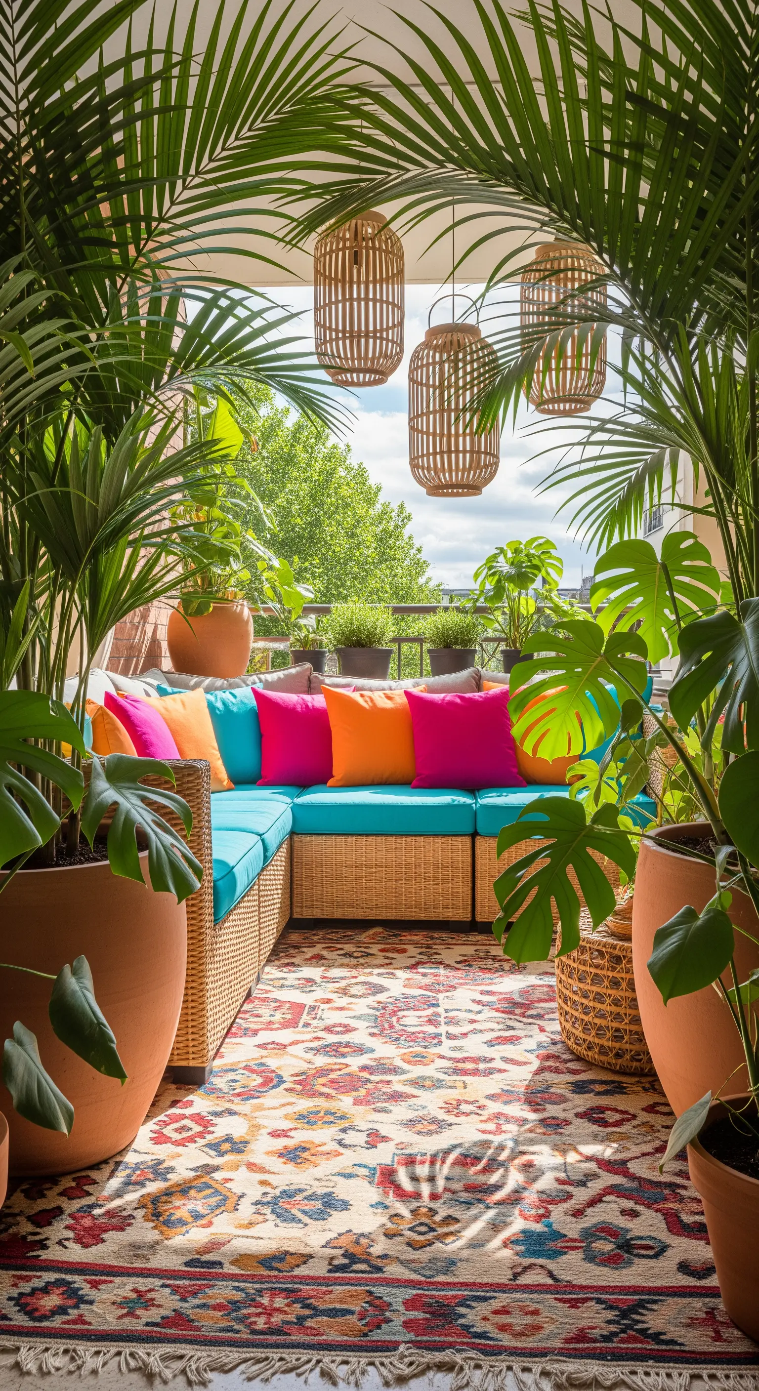 Divano angolare in rattan con cuscini colorati, circondato da palme in vasi di terracotta.