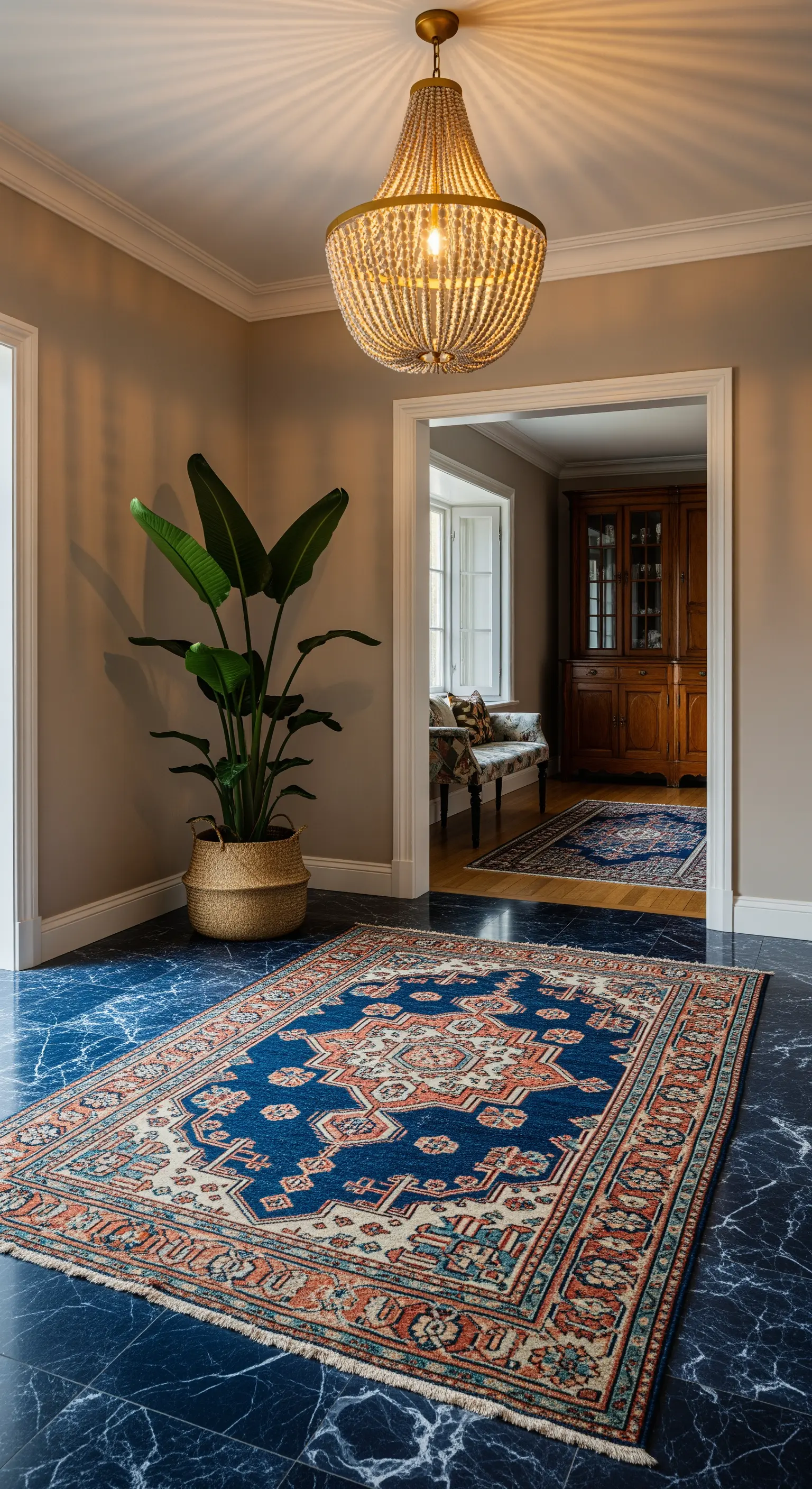 Ingresso con pavimento in marmo blu, grande tappeto persiano e una pianta in vaso.