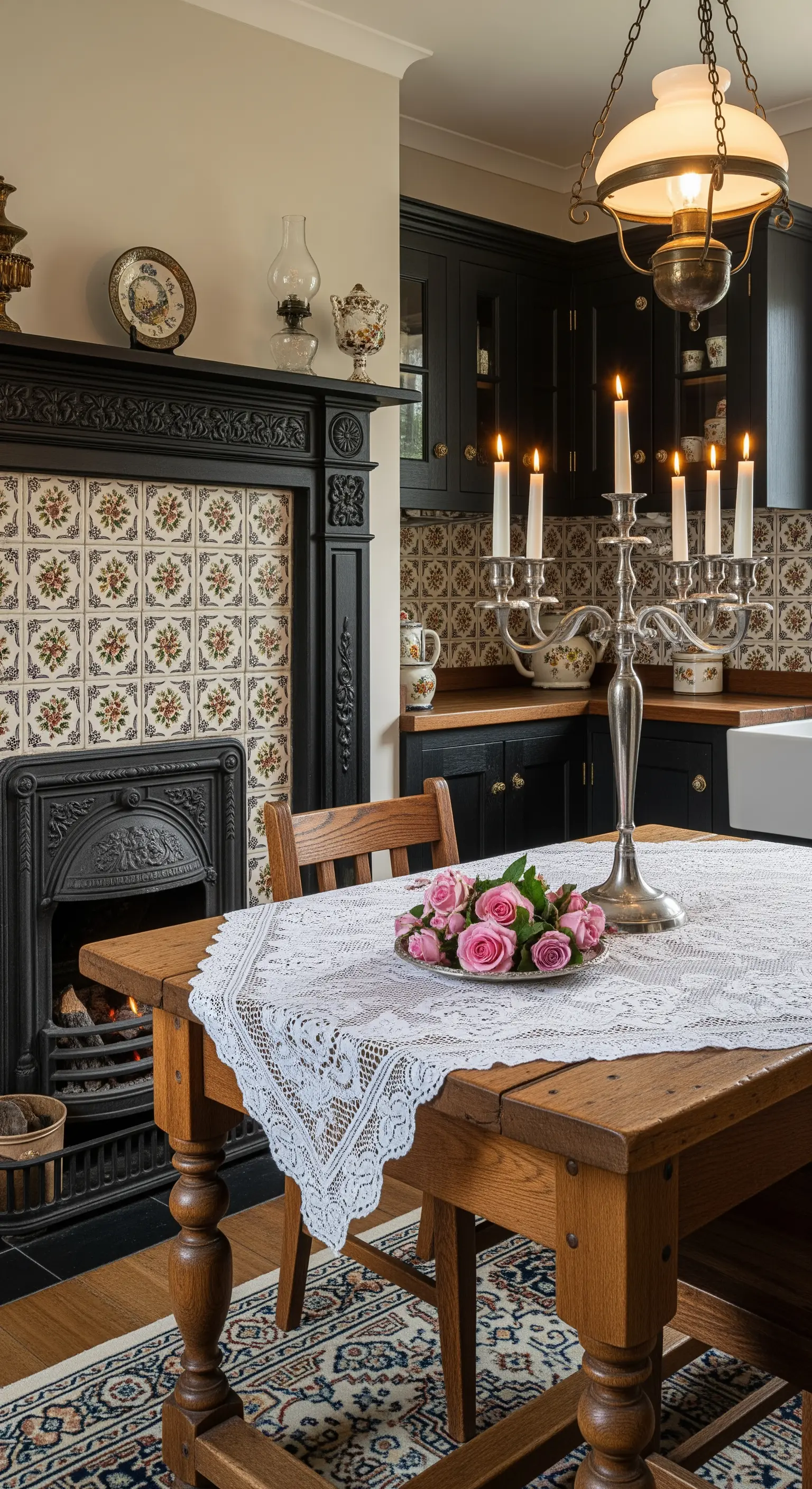 Cucina con camino vittoriano in ghisa, piastrelle decorate e mobili da cucina neri.