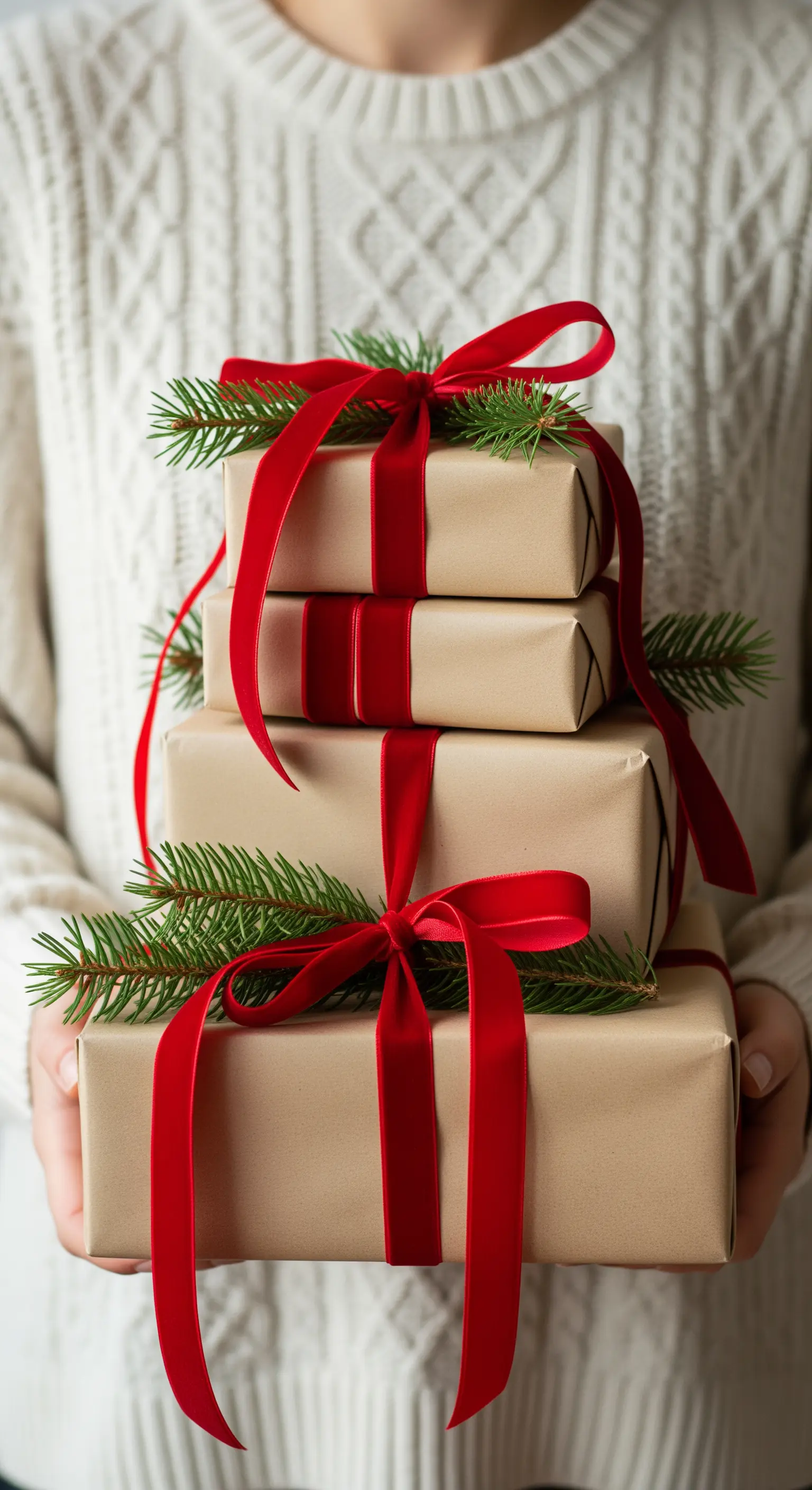 Persona che tiene in mano una pila di regali in carta kraft, nastri rossi e pino.