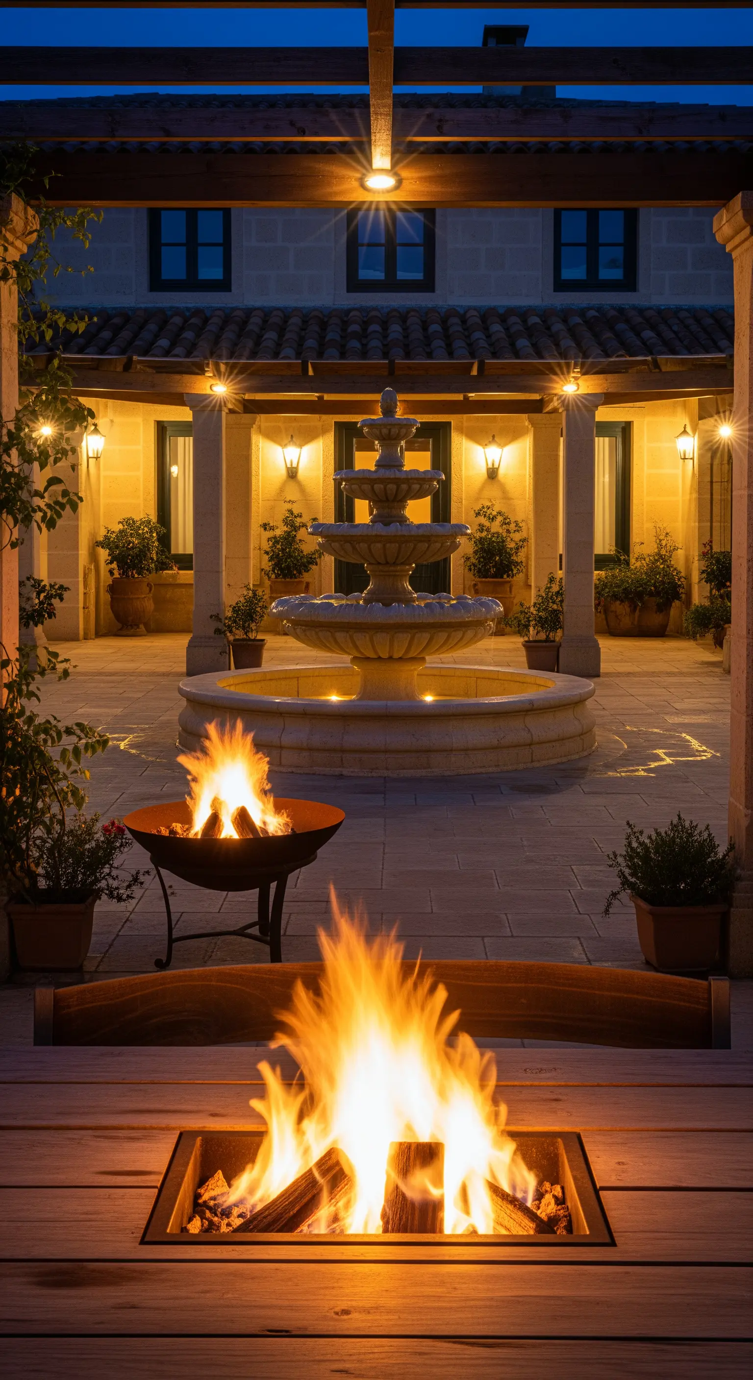 Cortile con fontana, braciere acceso e illuminazione architettonica sulle pareti e colonne.