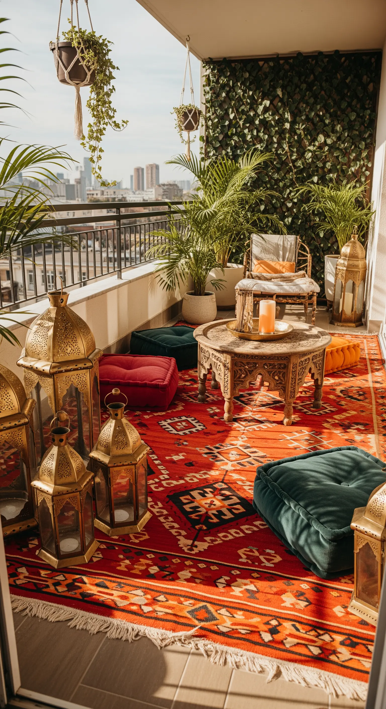 Balcone bohémien con kilim rosso, lanterne dorate, pouf in velluto e parete verde verticale.
