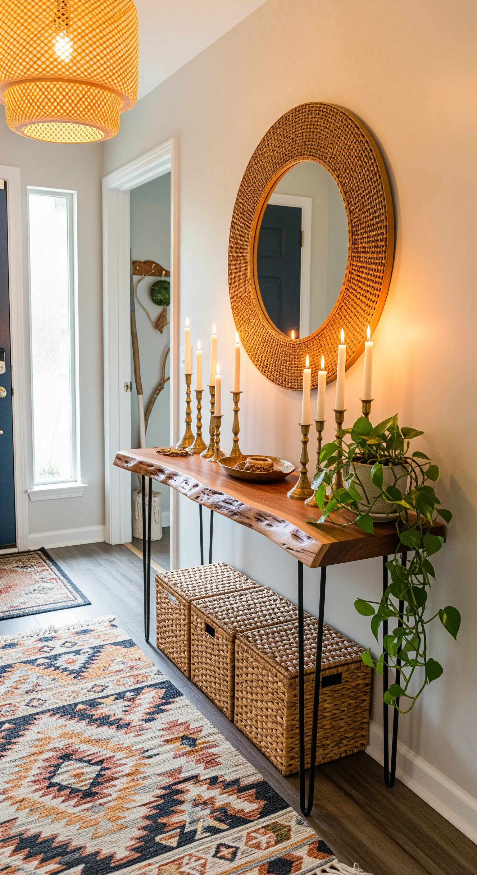 Ingresso boho-chic con consolle live-edge, tappeto kilim e cesti in vimini.