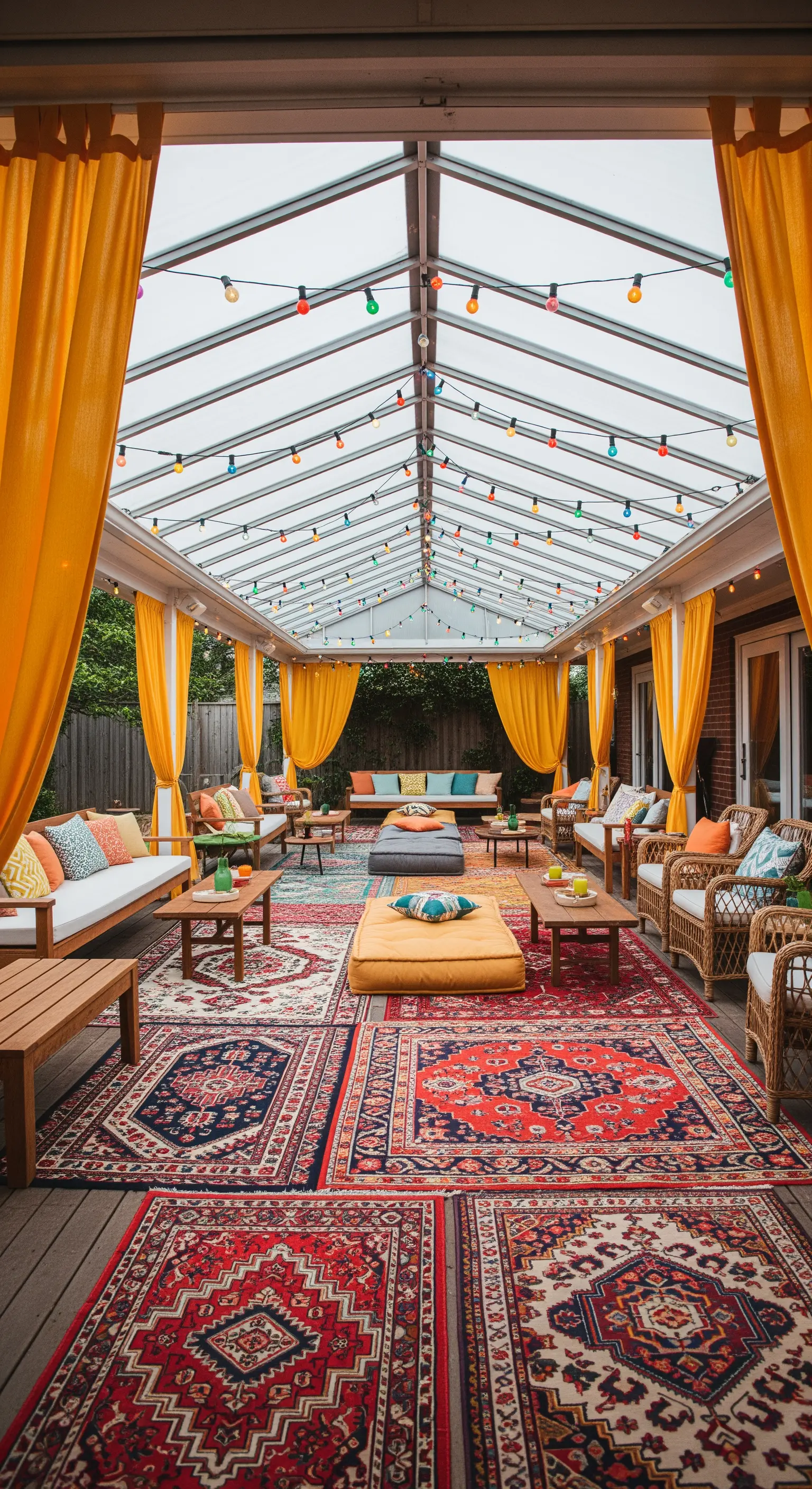Veranda luminosa con tanti tappeti etnici sovrapposti, divani e tende gialle.