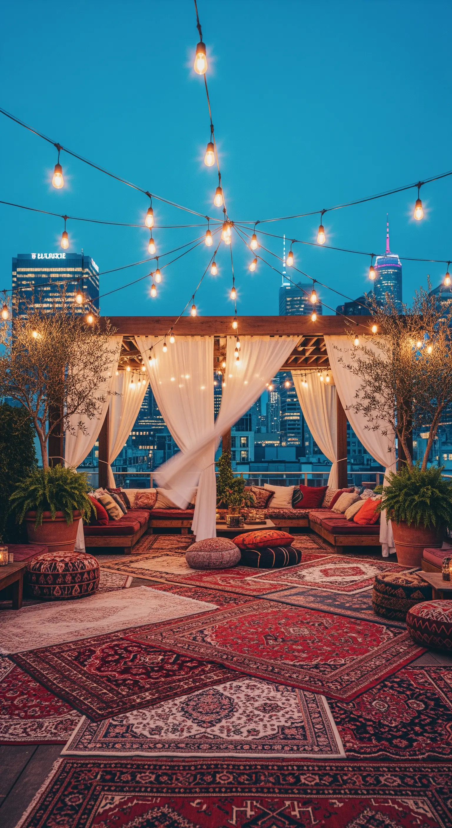 Patio su un rooftop con pergola, tende bianche e tappeti persiani sovrapposti.