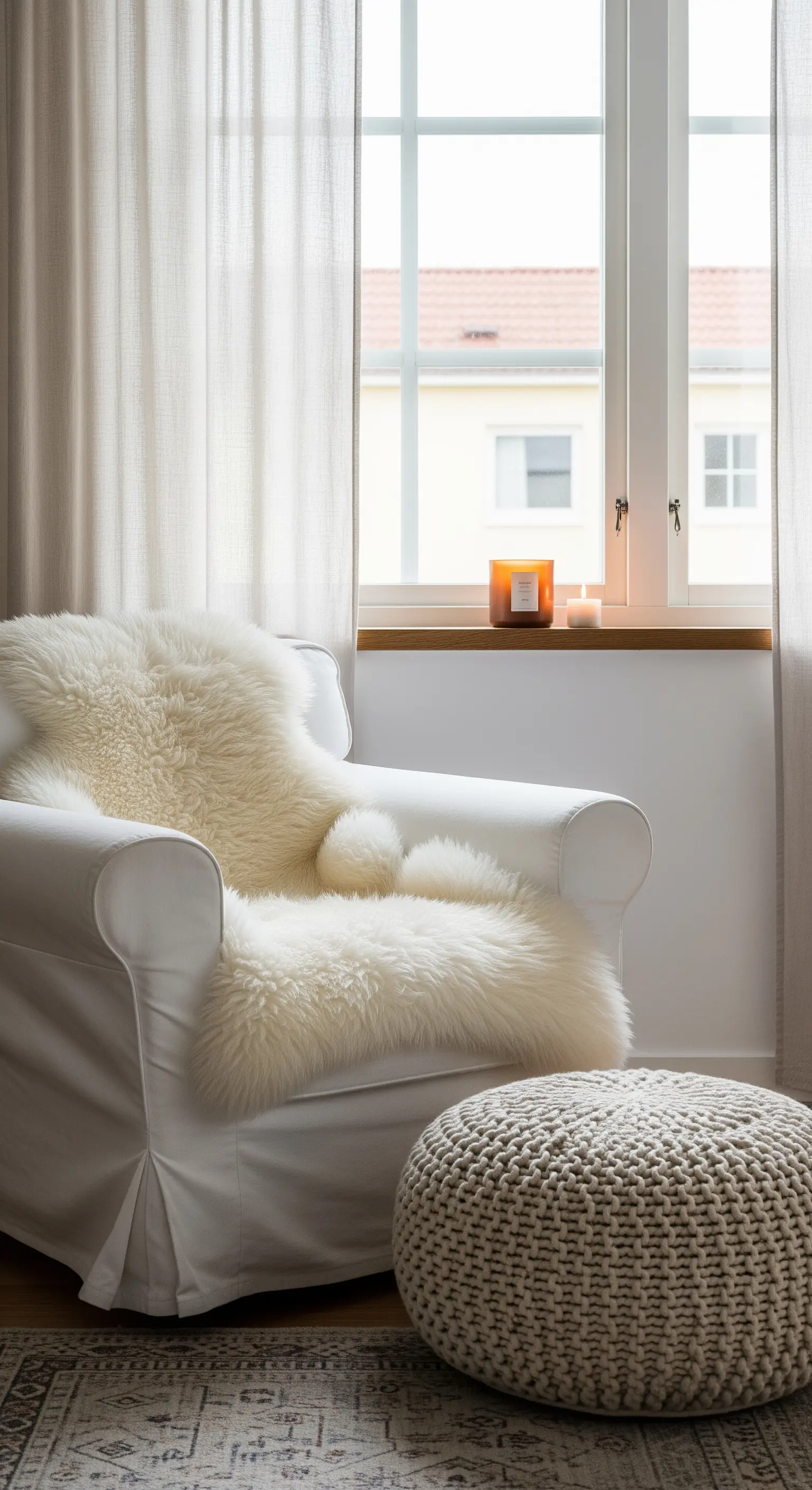 Poltrona bianca con pelle di pecora, pouf in maglia e tappeto etnico.