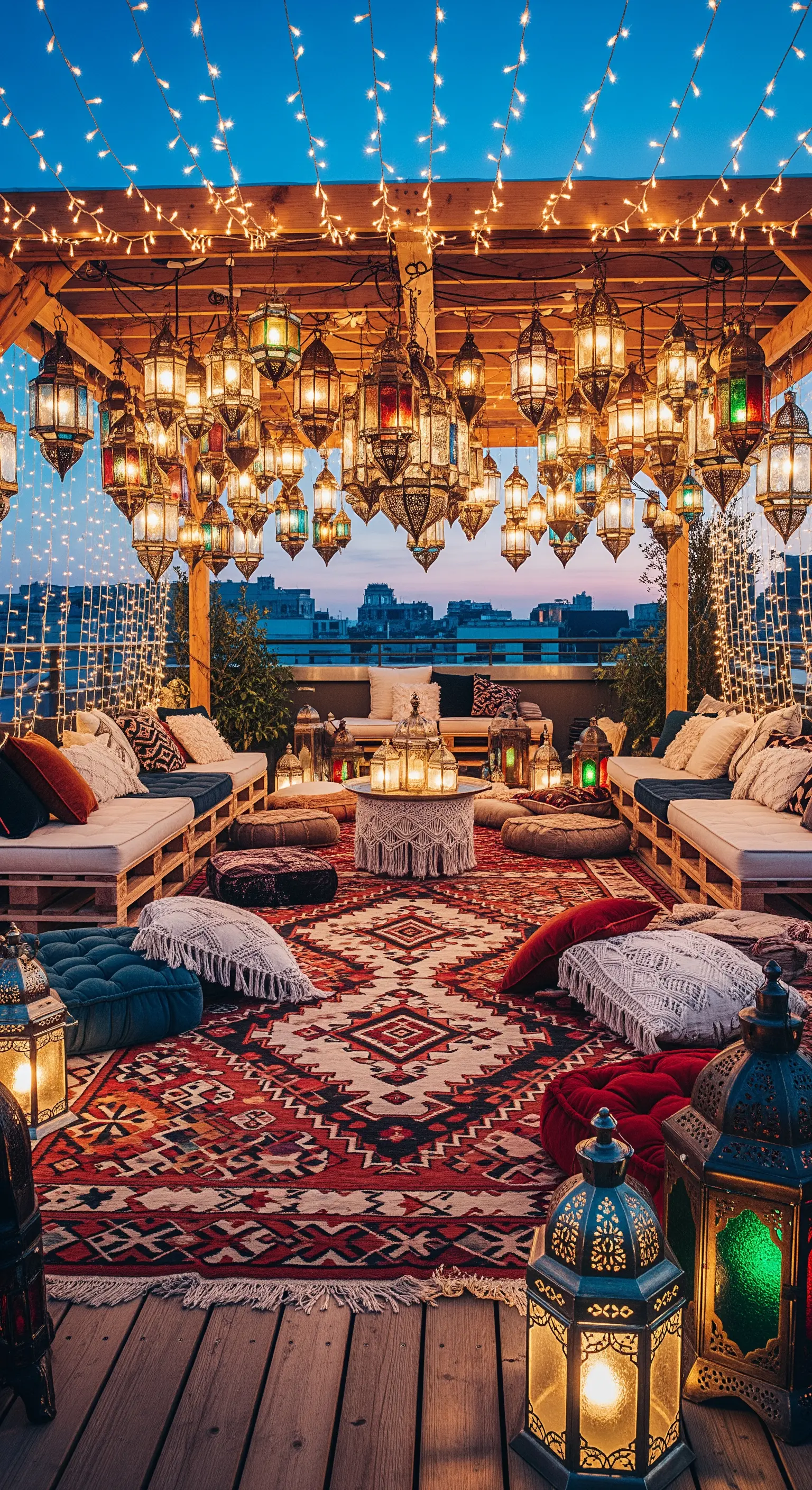 Terrazza boho con pergola illuminata da decine di lanterne marocchine e lucine.