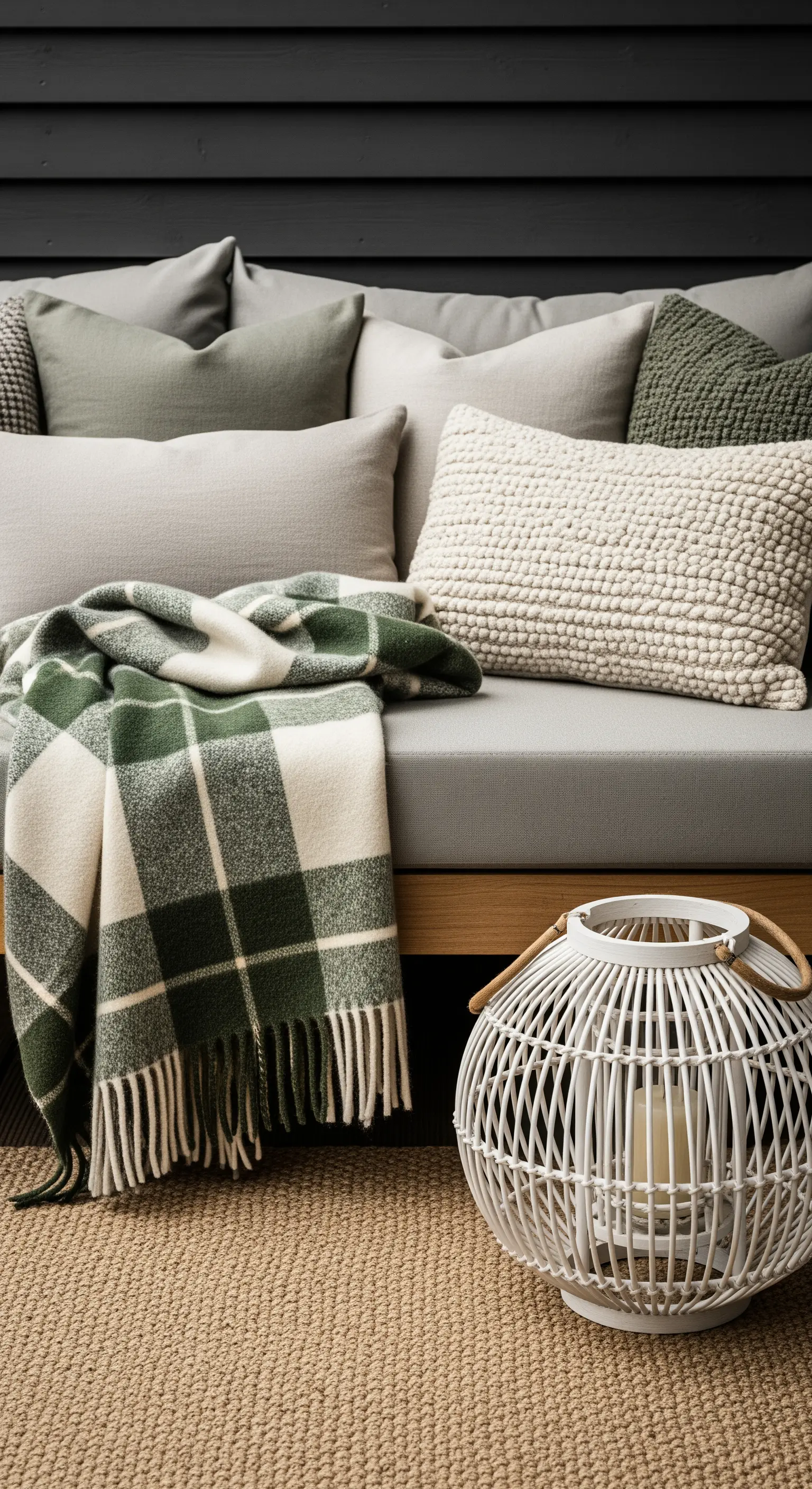 Divano da esterno con cuscini testurizzati, plaid a quadri verde e lanterna in bambù.