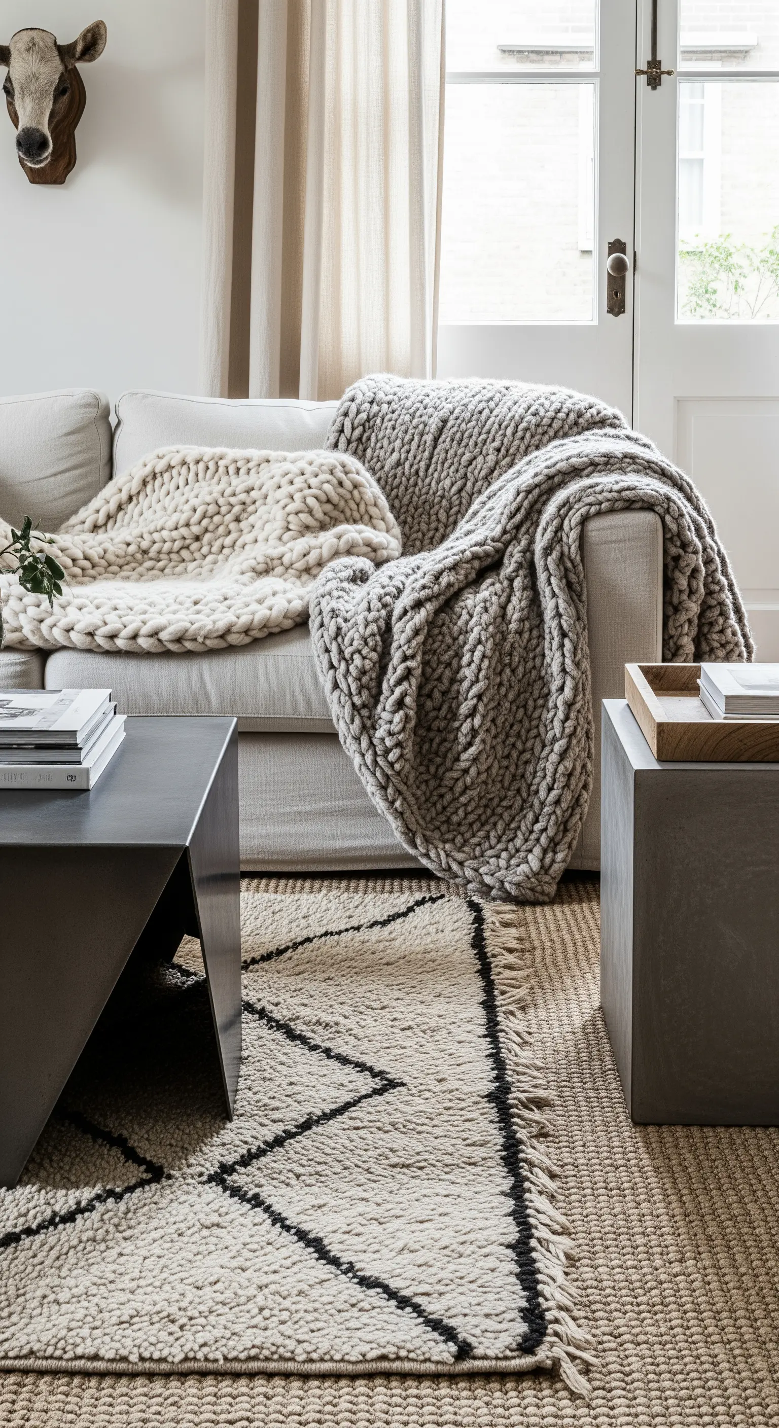 Dettaglio di un divano con coperte a maglia grossa, tappeti sovrapposti e tavolini materici.