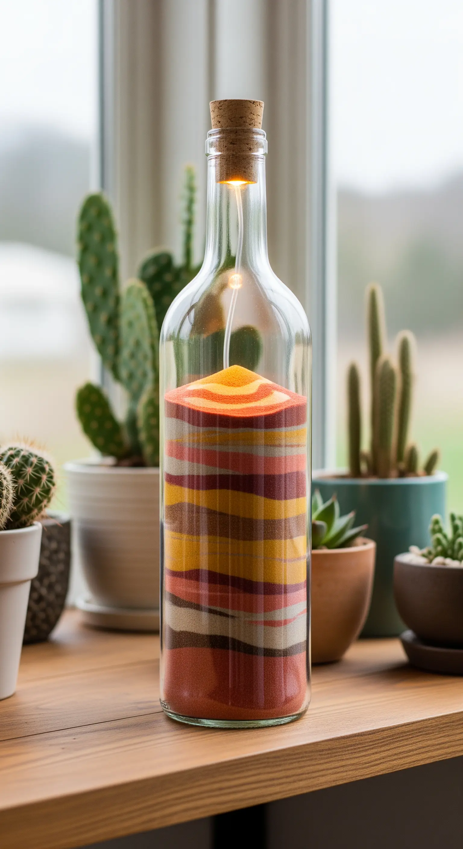 Bottiglia di vetro riempita con strati di sabbia colorata in toni caldi, illuminata dall'alto.