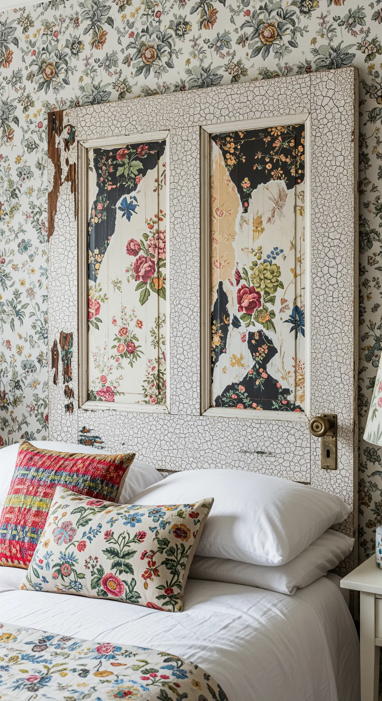 Porta con vernice bianca craquelé che rivela strati di vecchia carta da parati floreale.