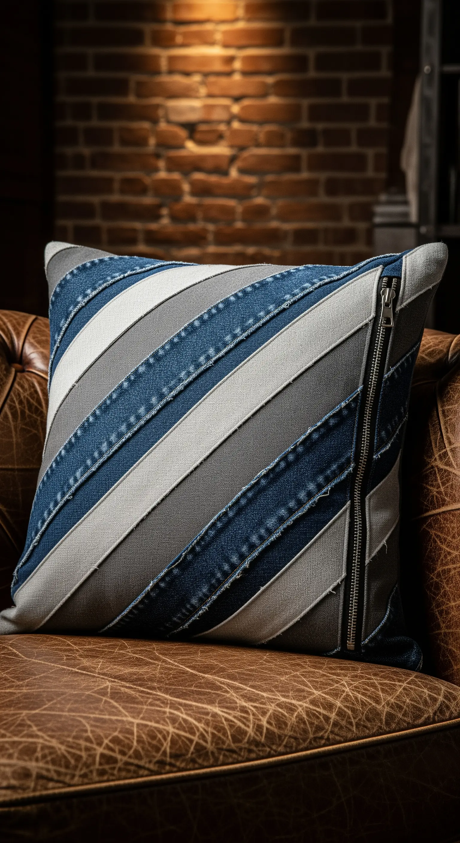Cuscino con strisce diagonali in denim e una cerniera metallica decorativa a vista.