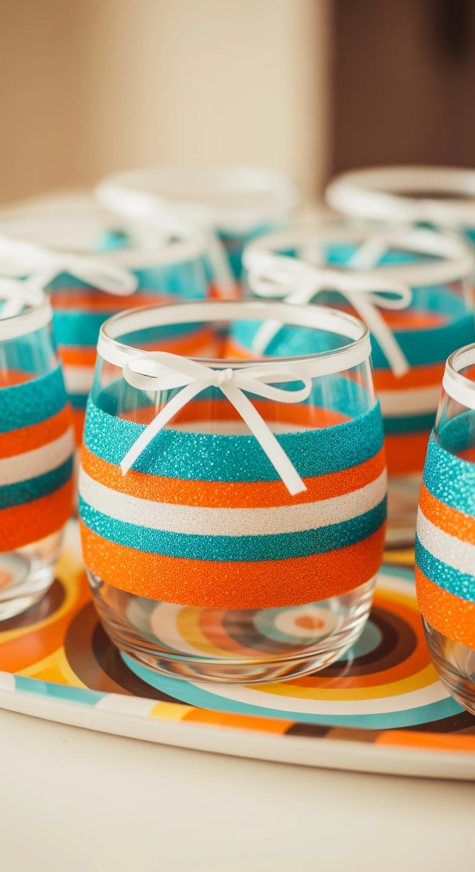 Bicchieri con strisce orizzontali di glitter arancione, bianco e turchese.