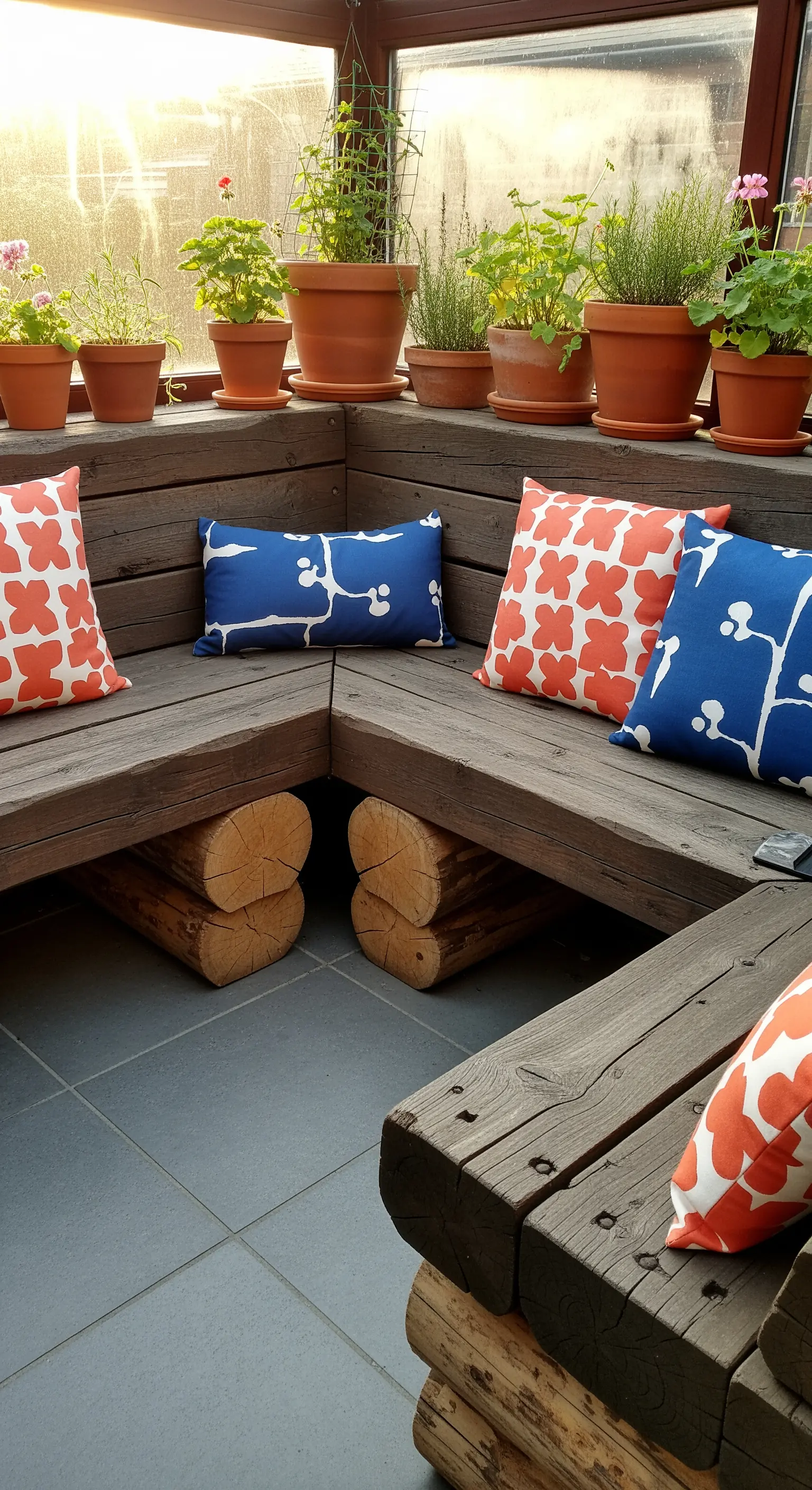 Panca angolare in legno scuro con supporti in tronchi e cuscini colorati arancioni e blu.