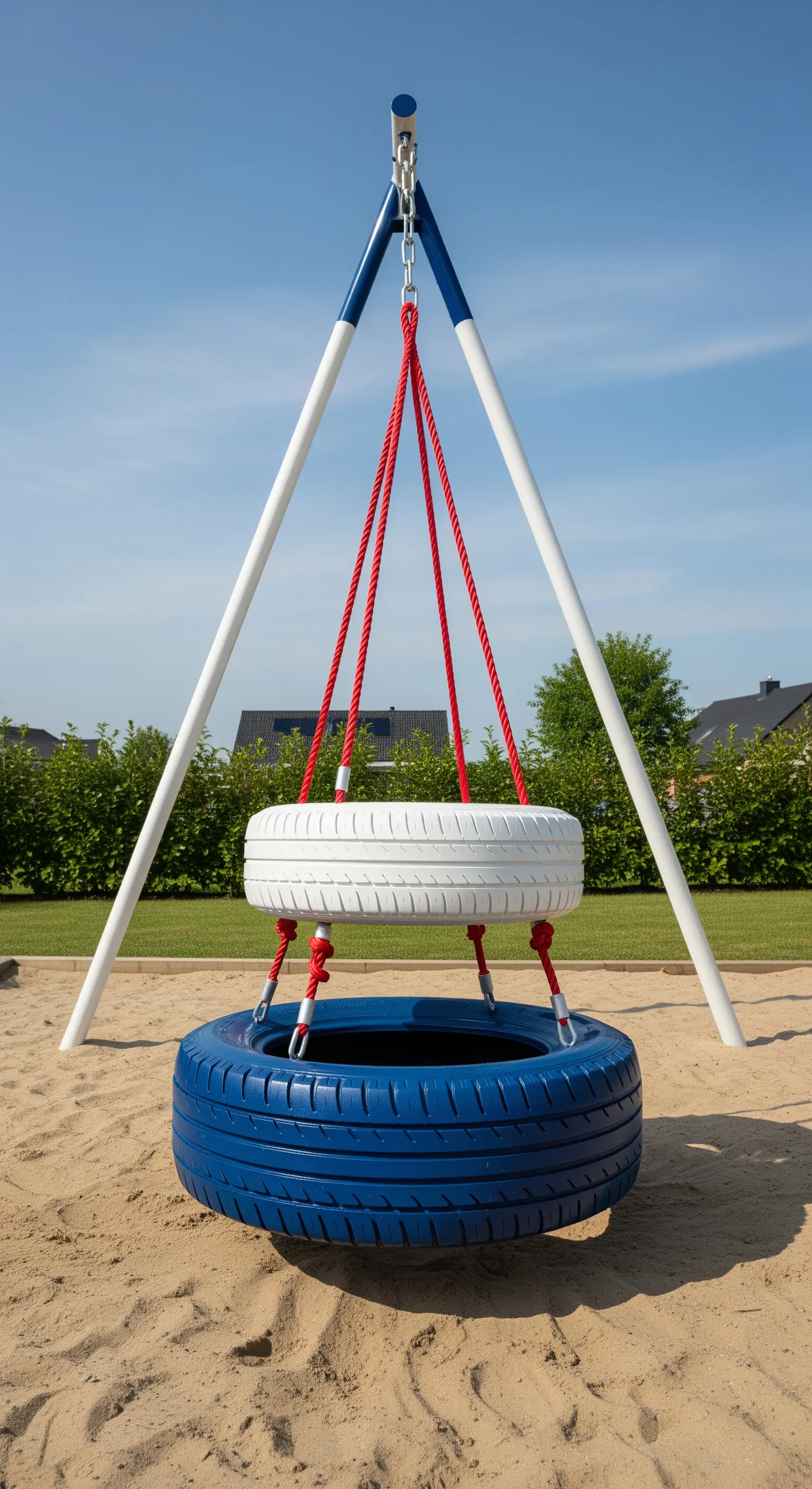 Altalena doppia con due pneumatici sovrapposti, blu e bianco, su un'area giochi sabbiosa.