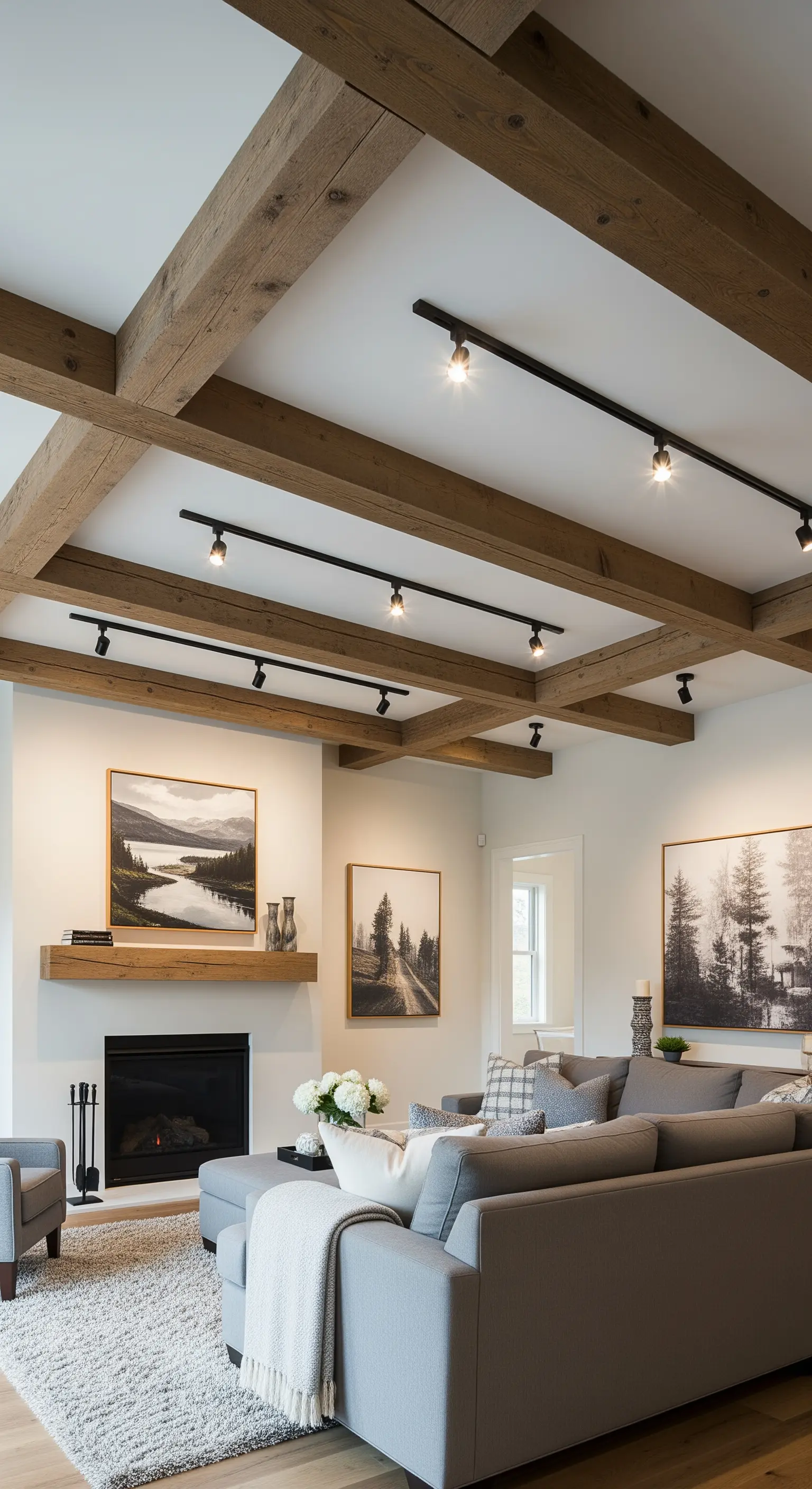 Soggiorno con travi in legno a vista e illuminazione a binario con faretti neri.