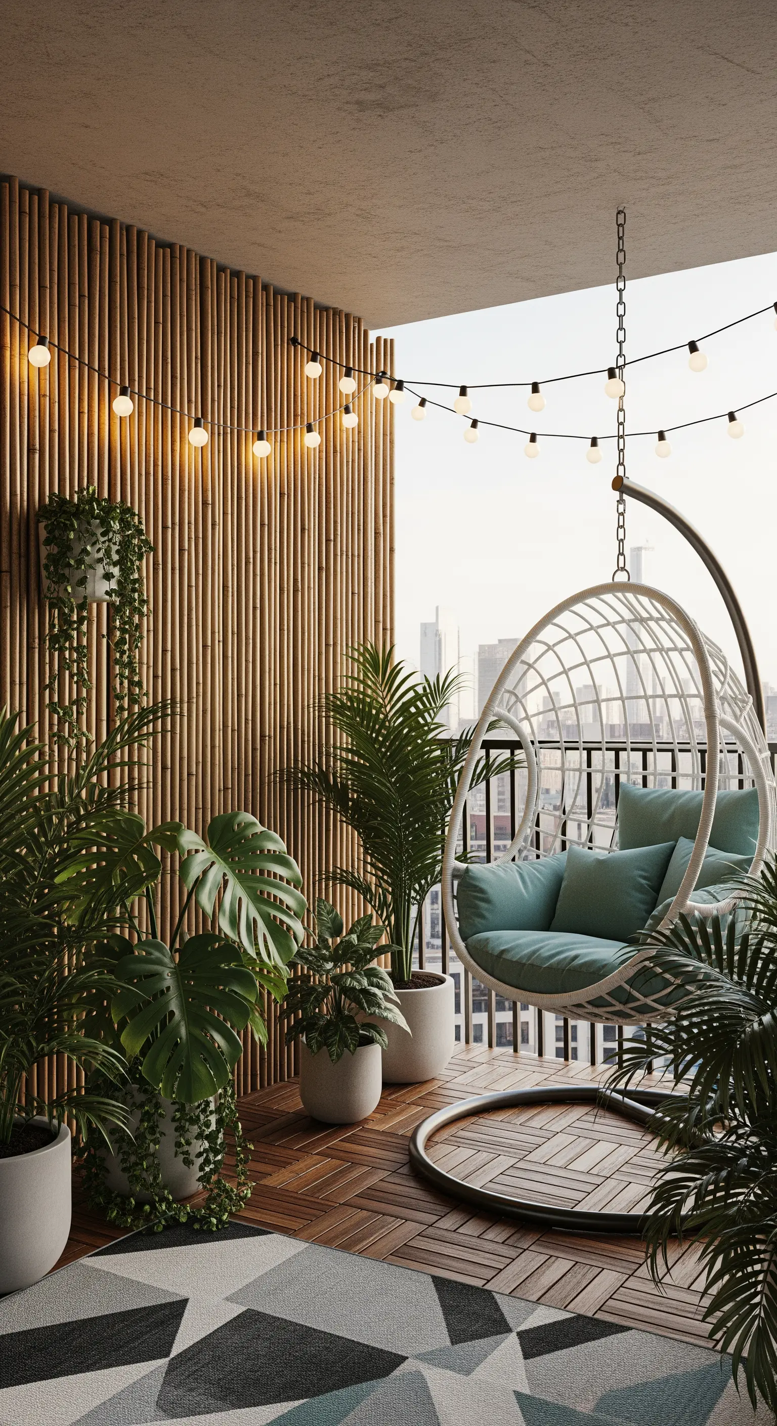 Balcone moderno con poltrona sospesa bianca, parete in bambù e luci a filo.