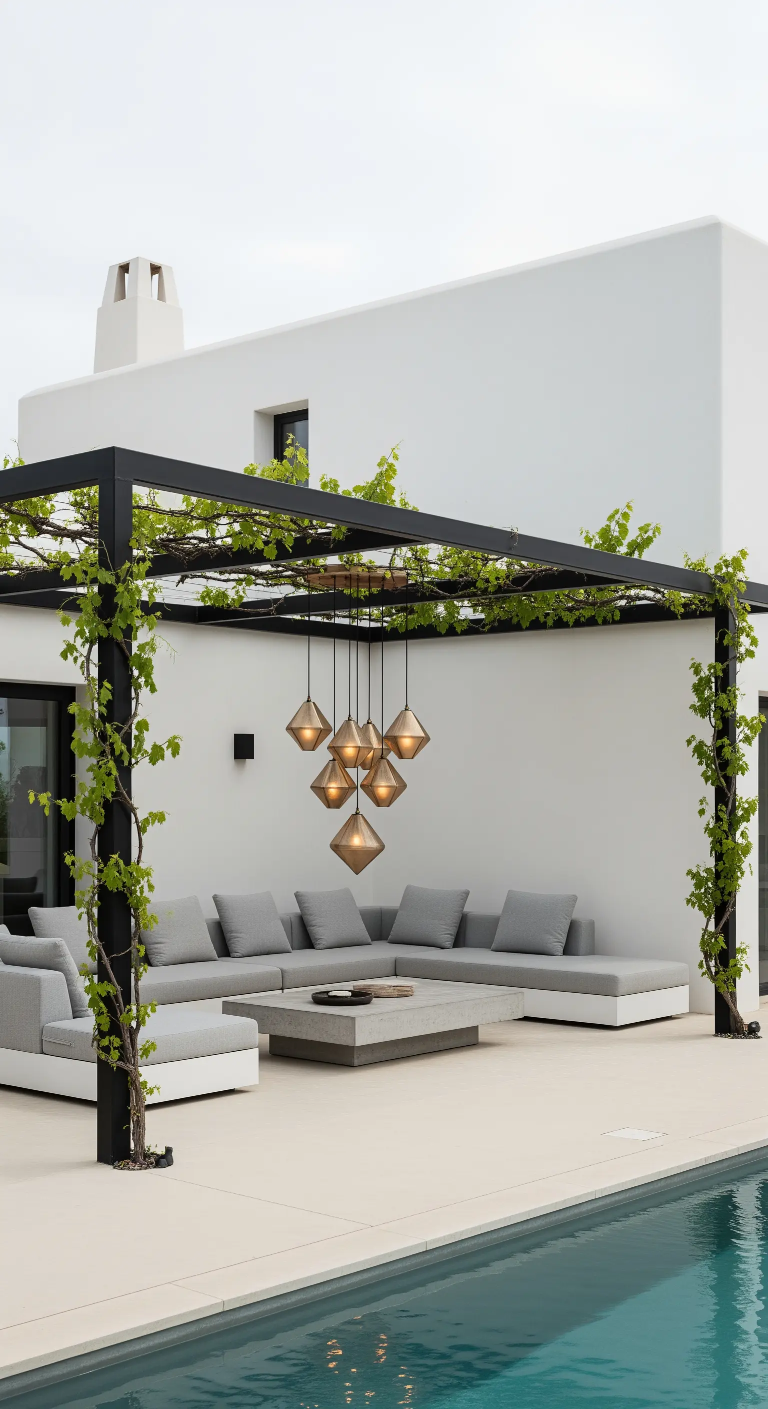 Pergolato nero minimale con divano grigio a bordo piscina e lampadario di design