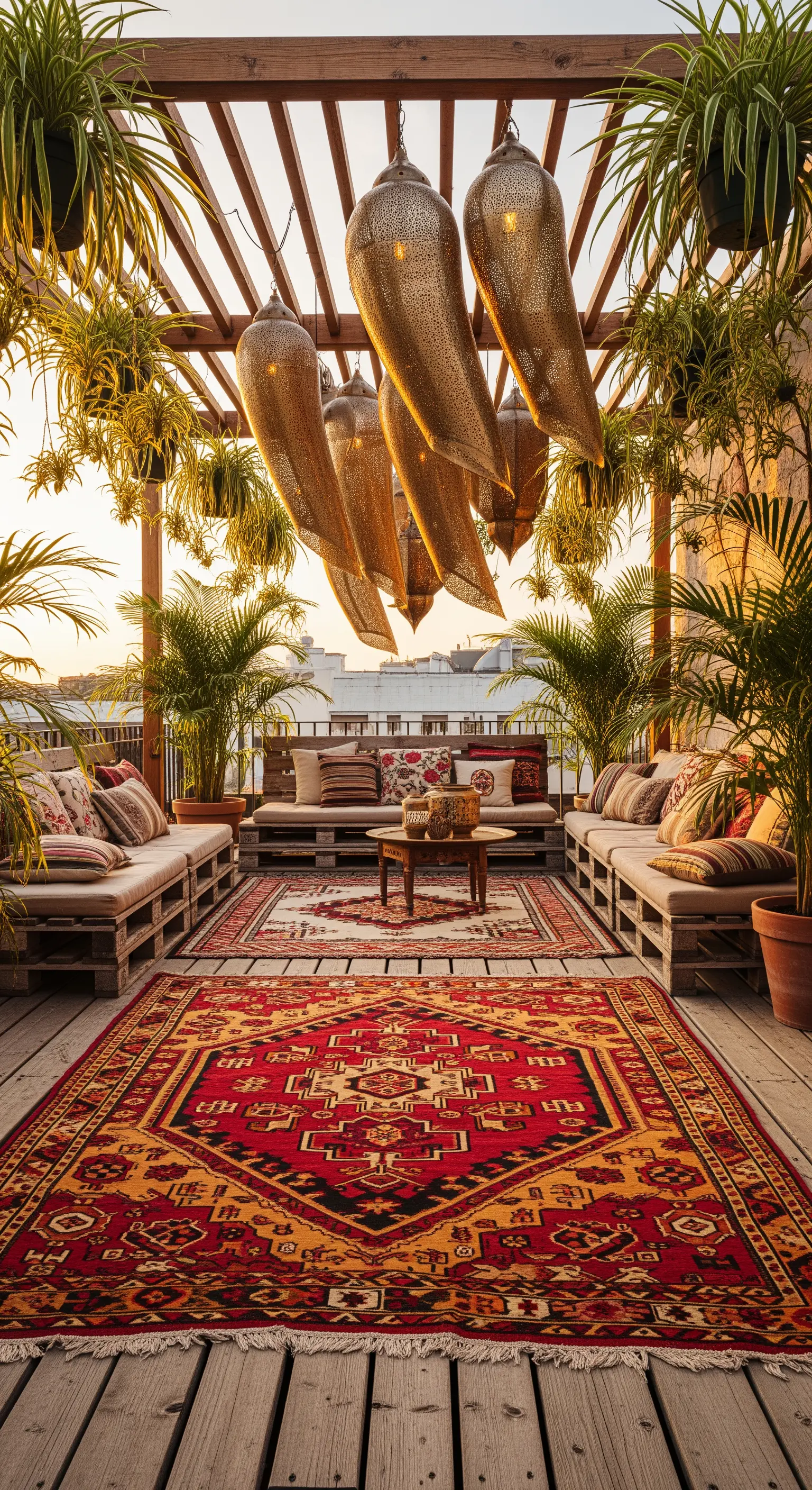 Terrazza bohémien con divani in pallet, grande kilim rosso e lanterne dorate sospese.