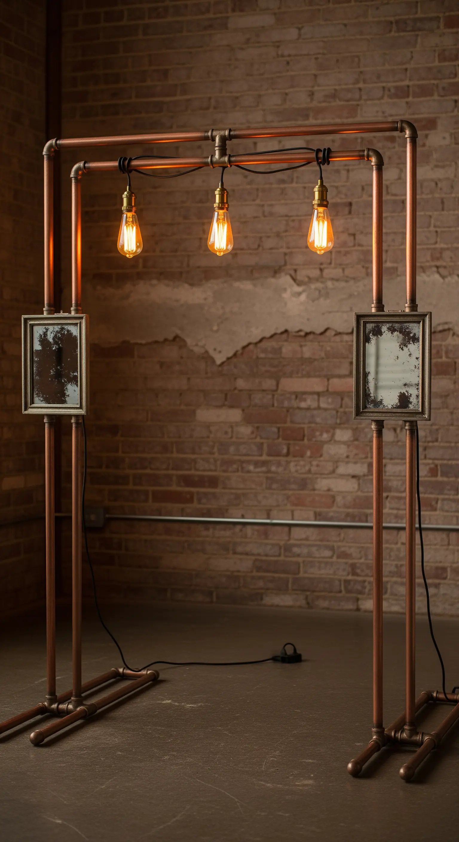 Cornice photobooth in tubi di rame con lampadine Edison e specchi anticati ai lati.