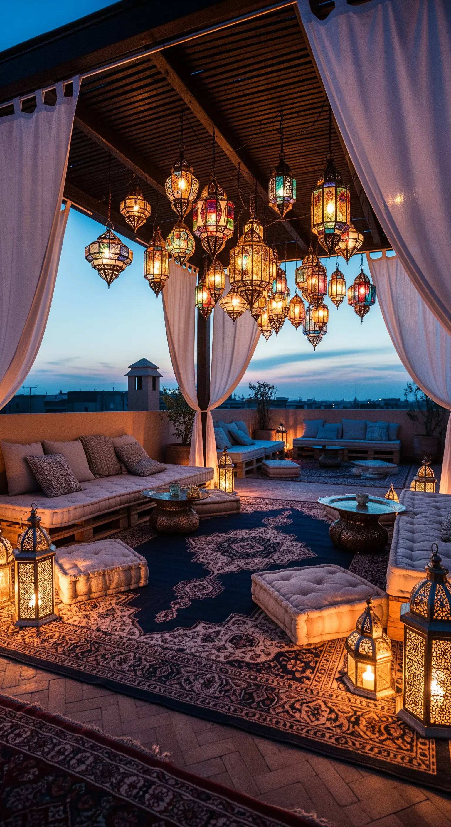 Terrazza bohémien al tramonto con divani bassi, tappeto persiano e decine di lanterne sospese