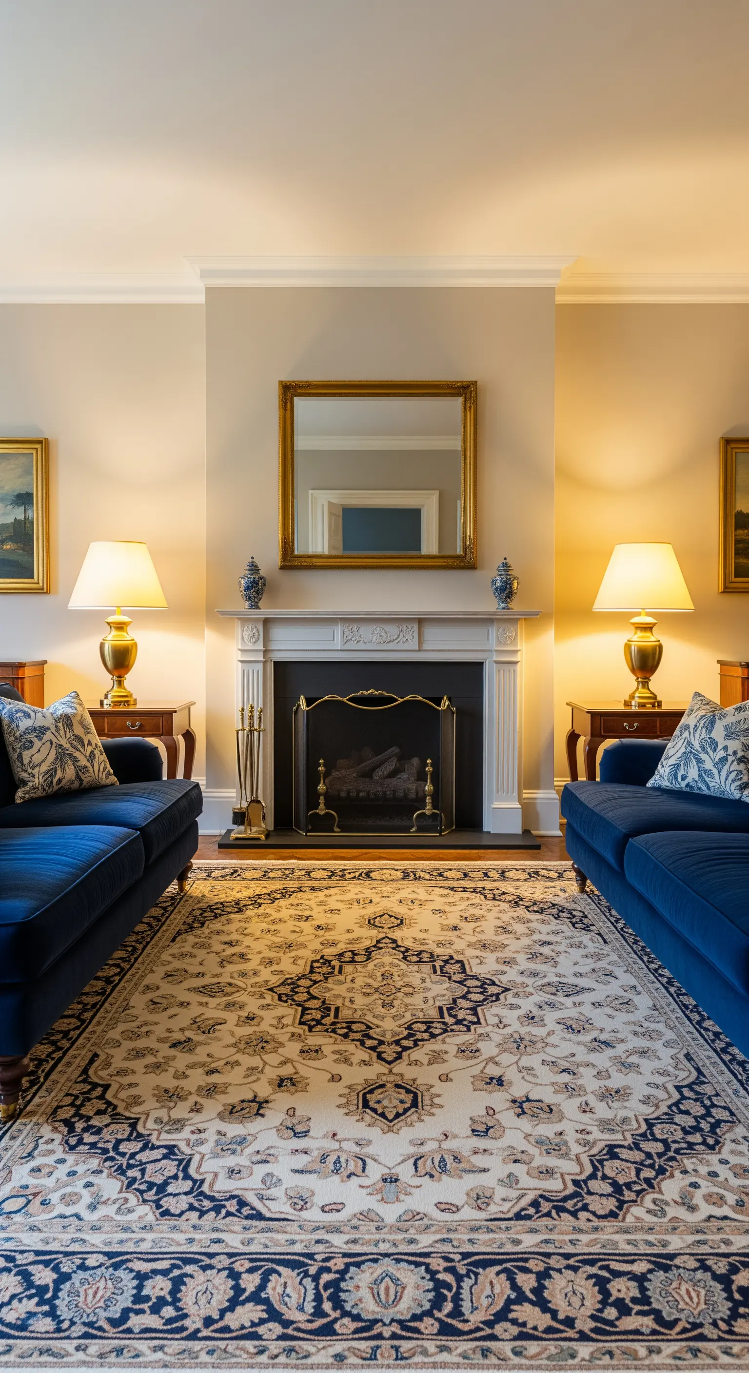 Due divani in velluto blu uno di fronte all'altro davanti a un camino, con lampade dorate.