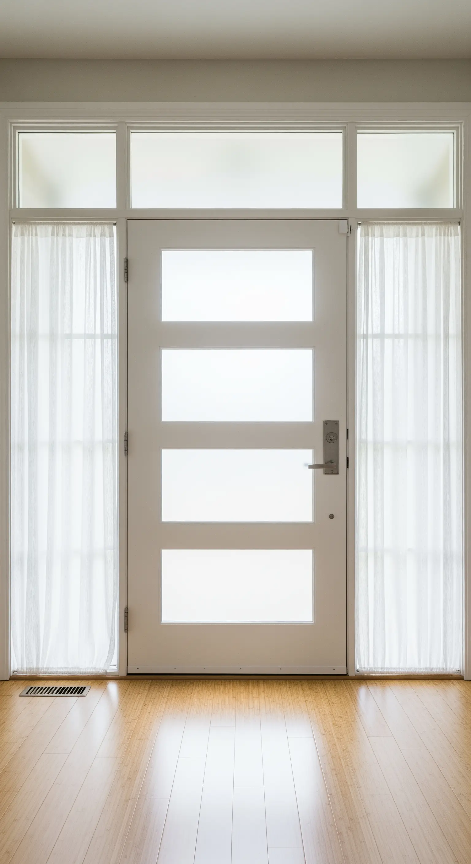 Porta d'ingresso moderna con pannelli in vetro satinato, incorniciata da due tende trasparenti.