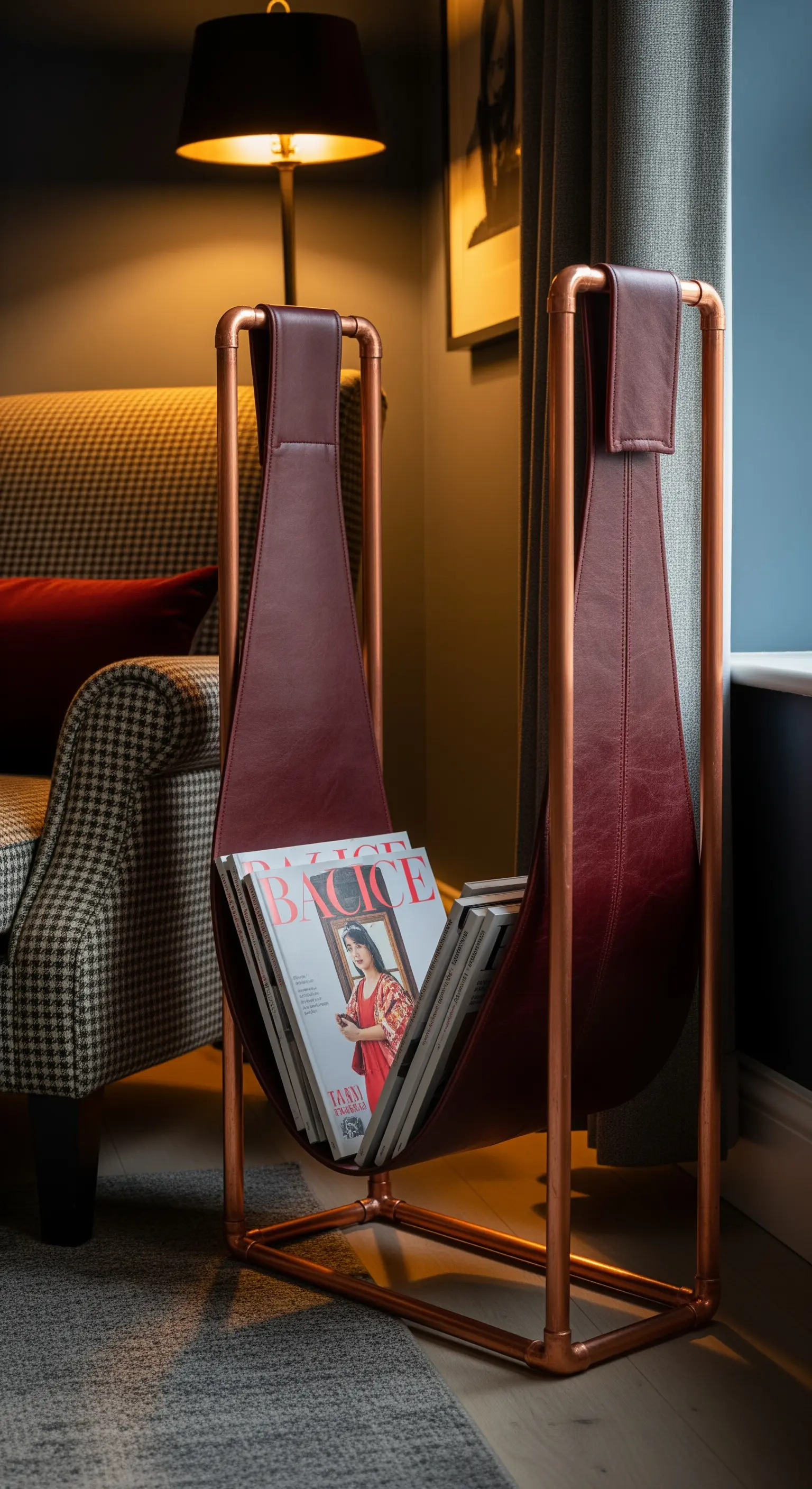 Portariviste di design con struttura in rame e seduta in pelle bordeaux.