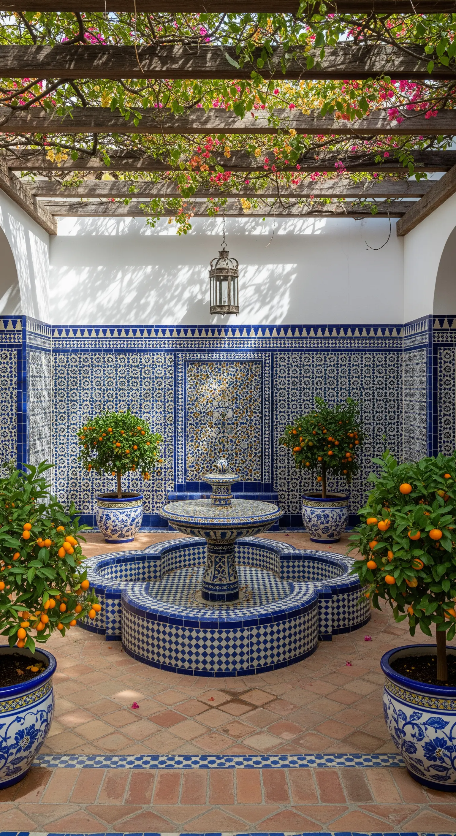 Patio in stile moresco con fontana centrale, maioliche blu e bianche e vasi di aranci
