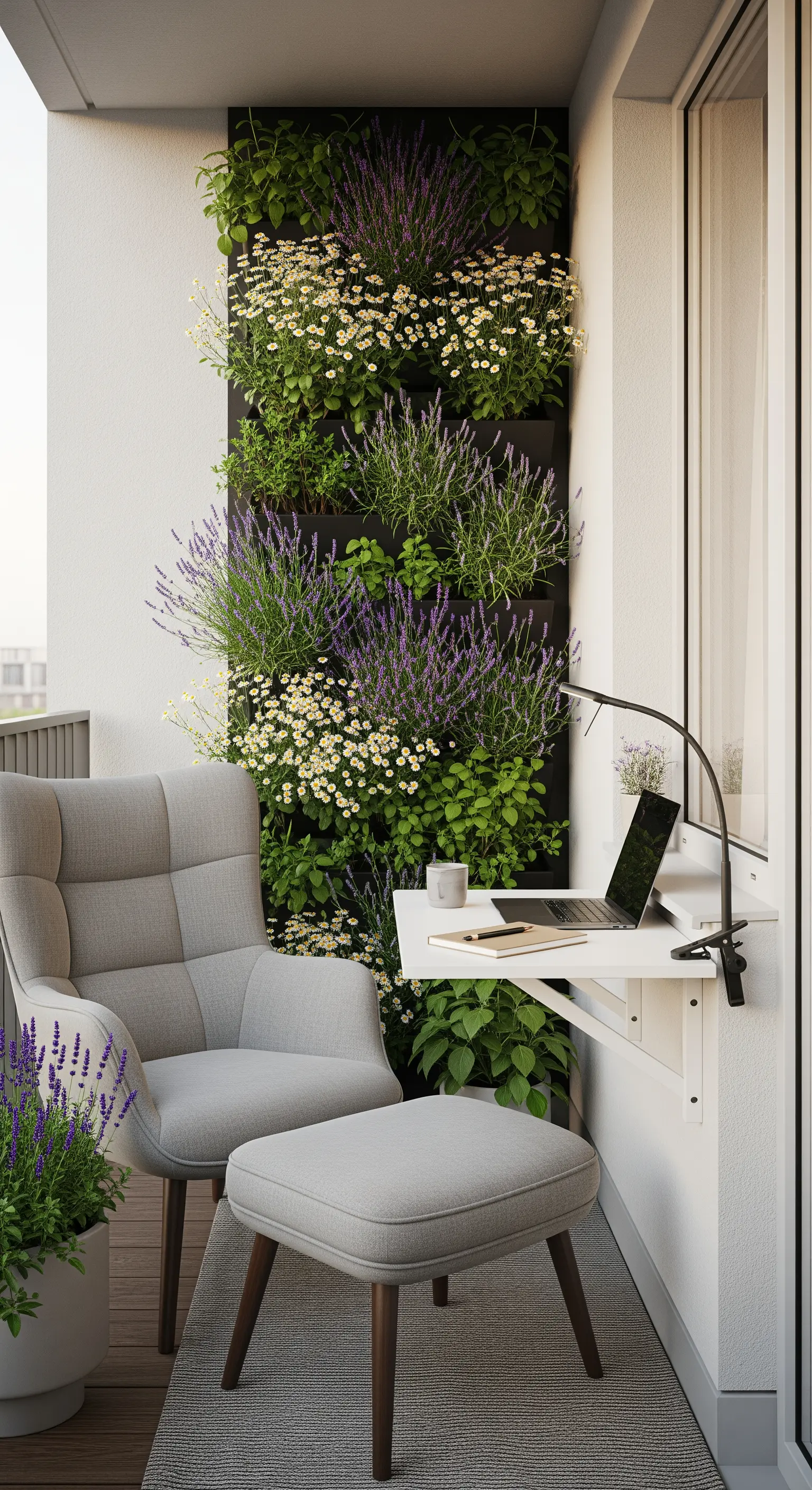 Angolo studio su un balcone con scrivania a ribalta, poltrona grigia e parete di lavanda