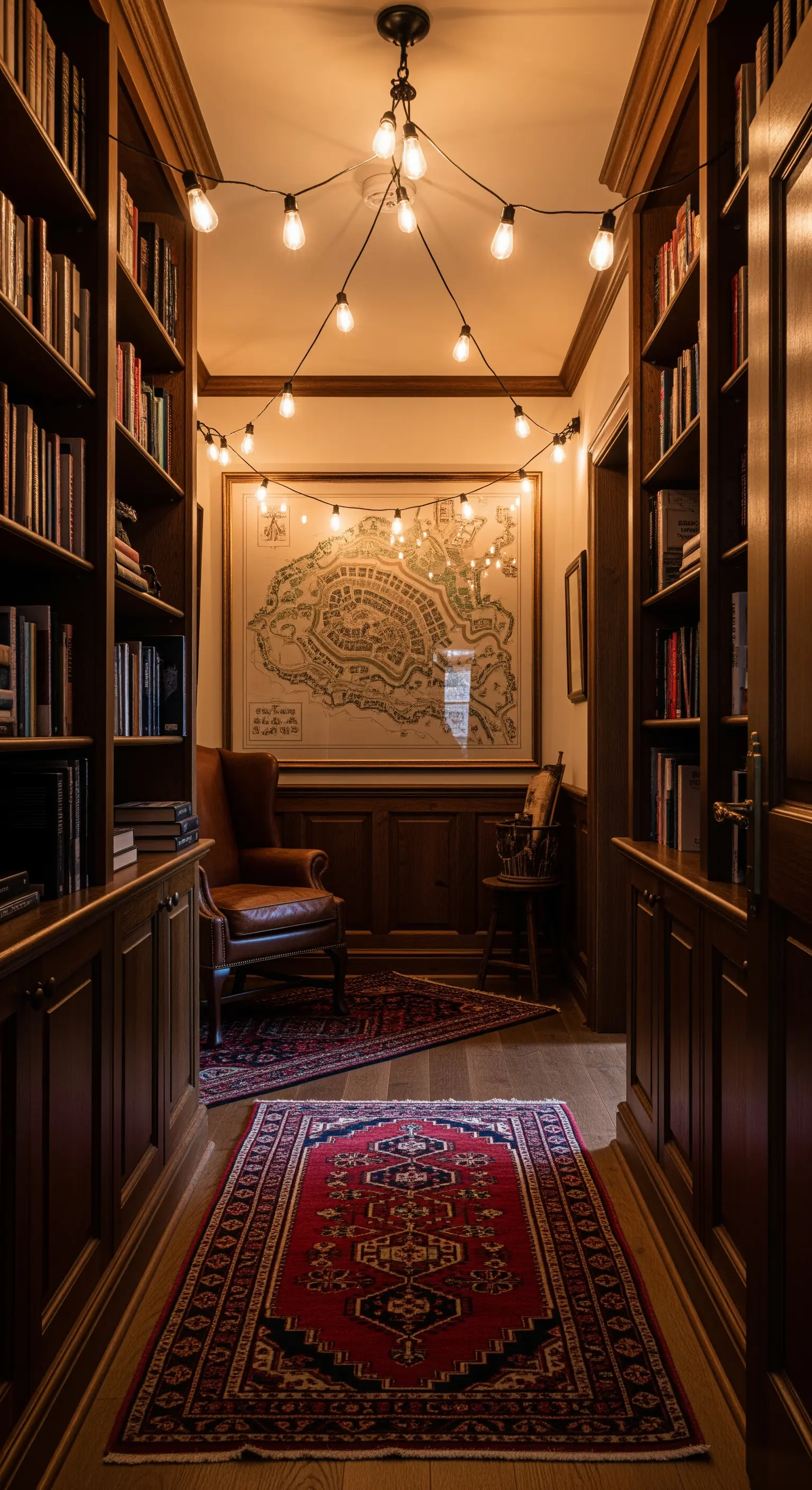 Studio tradizionale con librerie in legno, poltrona in pelle e luci Edison sospese.