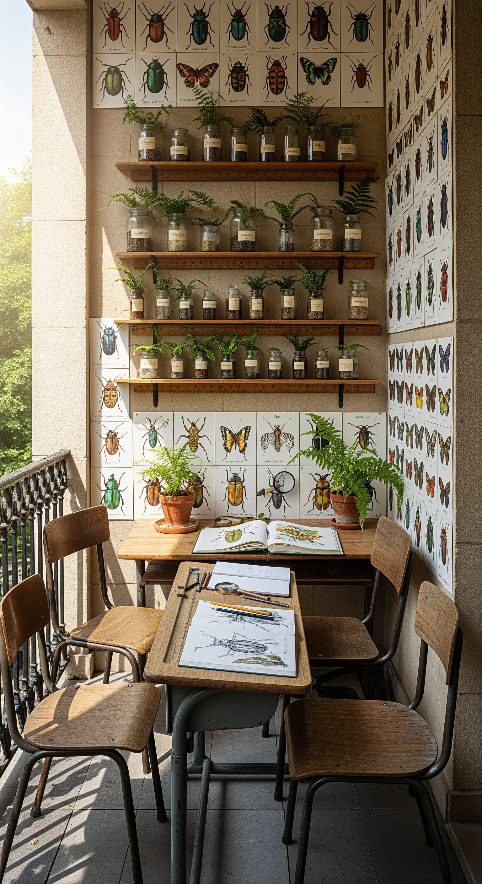 Balcone allestito come studio da naturalista, con illustrazioni di insetti e un banco di scuola.