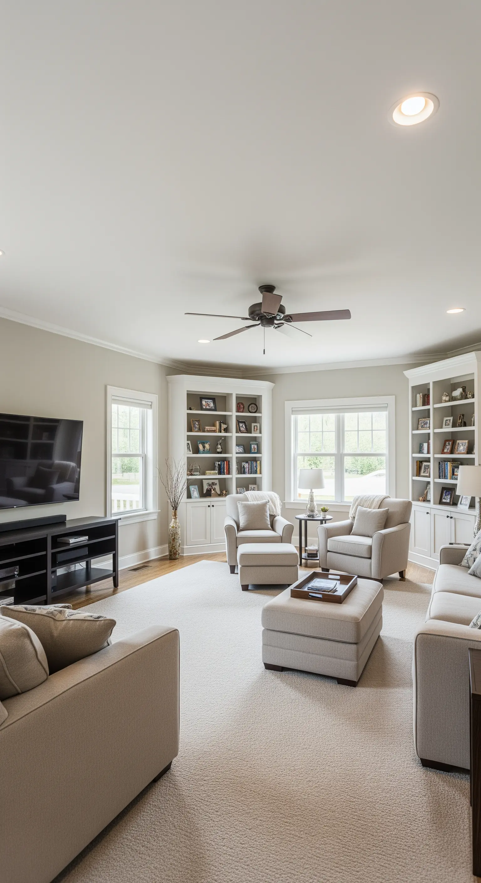 Ampio soggiorno neutro con librerie angolari bianche e diverse zone di seduta.