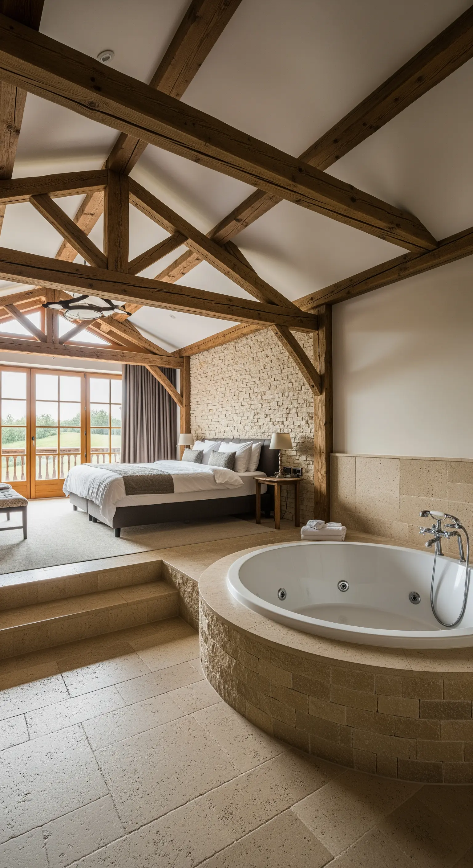 Suite con camera da letto e vasca da bagno circolare a vista, con pareti e travi in legno.