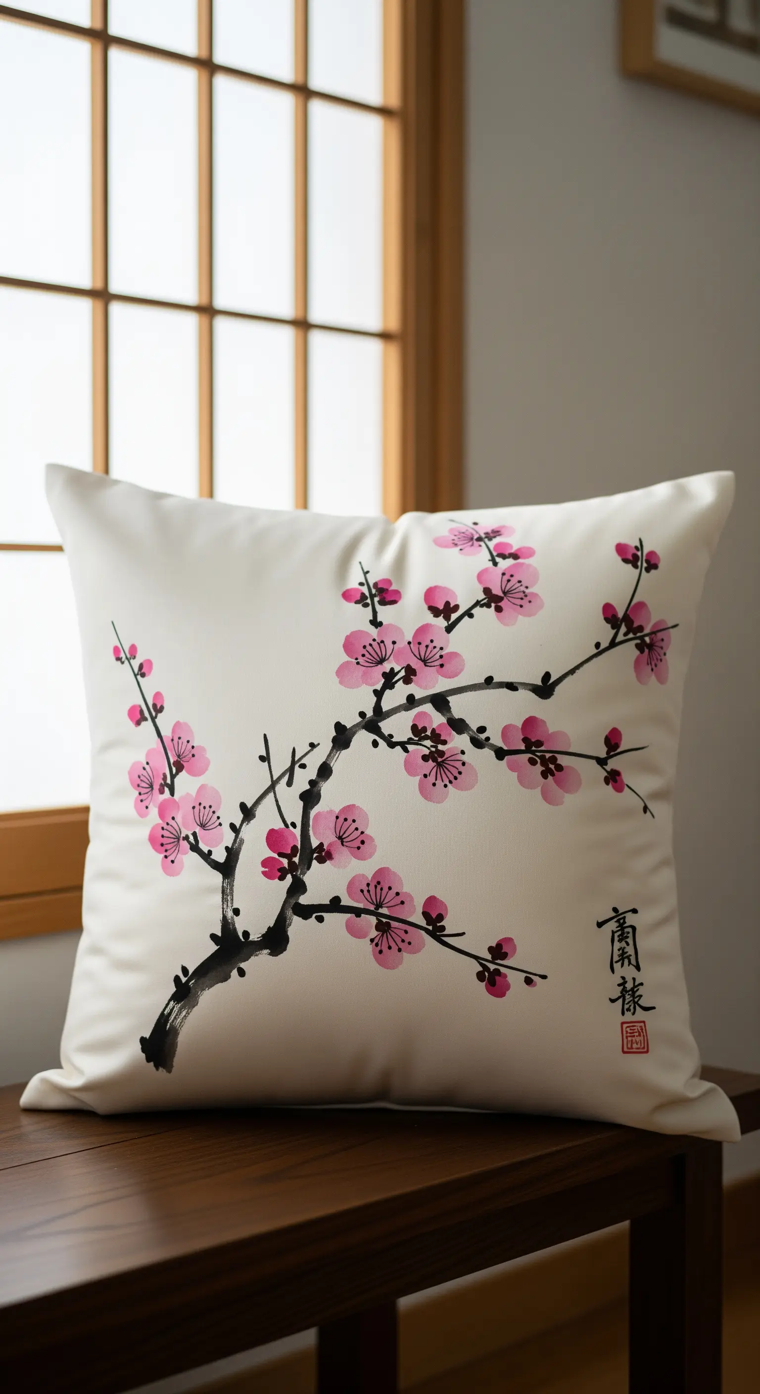 Cuscino bianco con un ramo di fiori di ciliegio dipinto in stile giapponese Sumi-e.