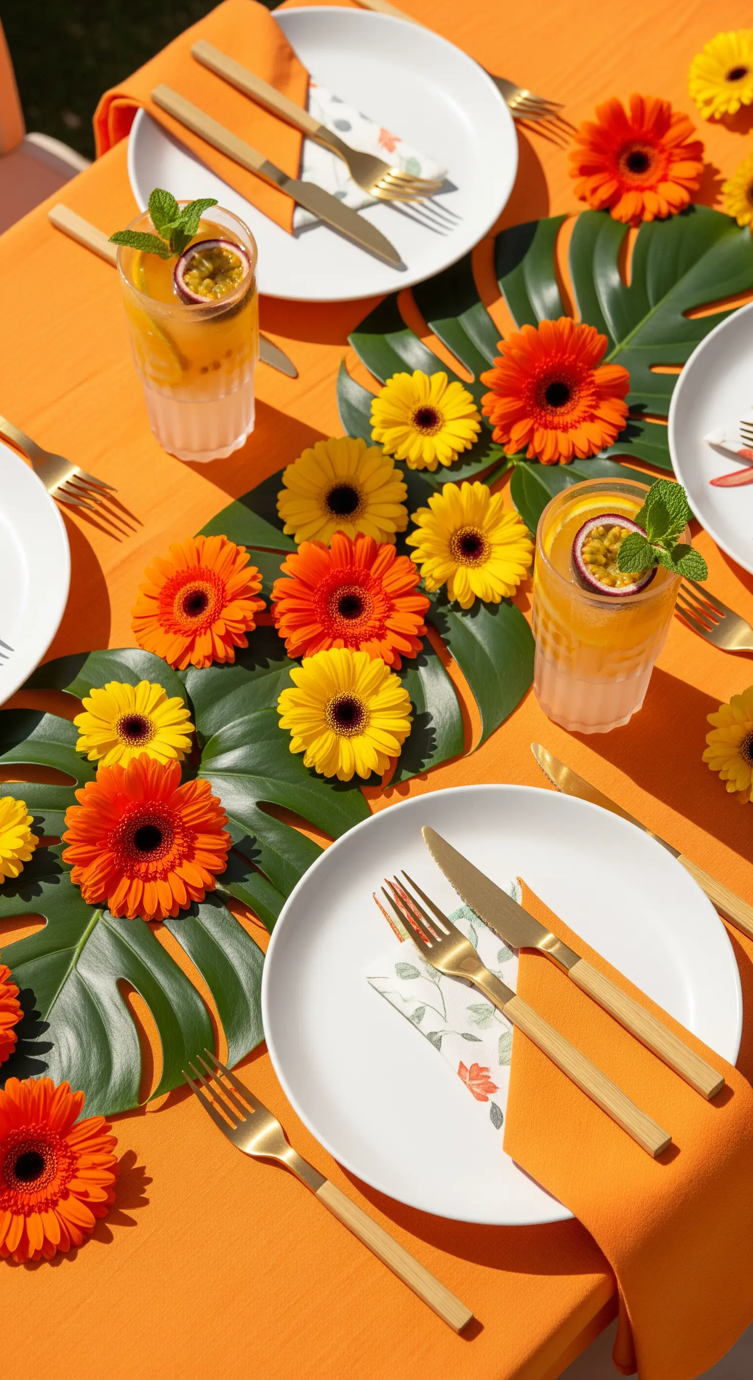 Tavola arancione con foglie di Monstera e gerbere colorate usate come centrotavola.