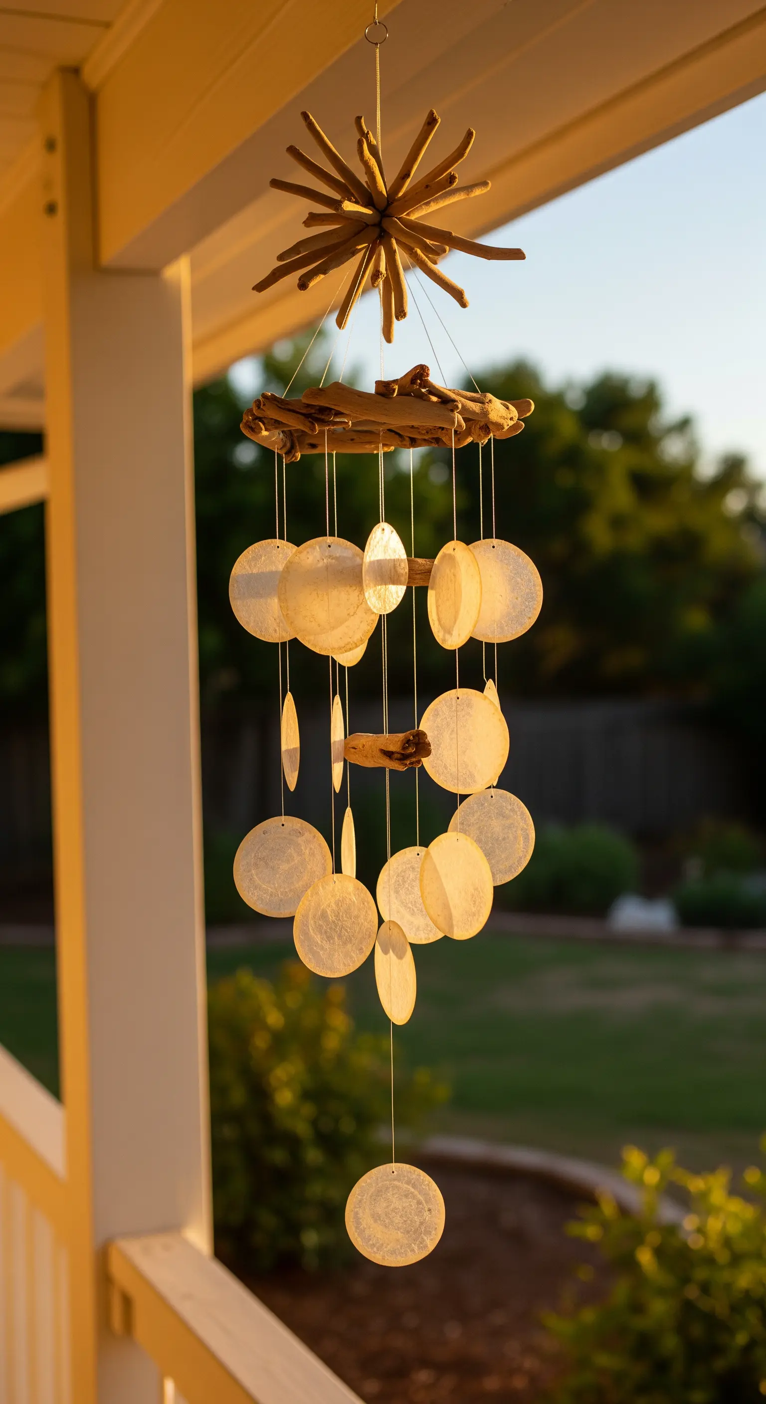 Scacciapensieri con dischi di conchiglia di capiz traslucidi e legni di mare.