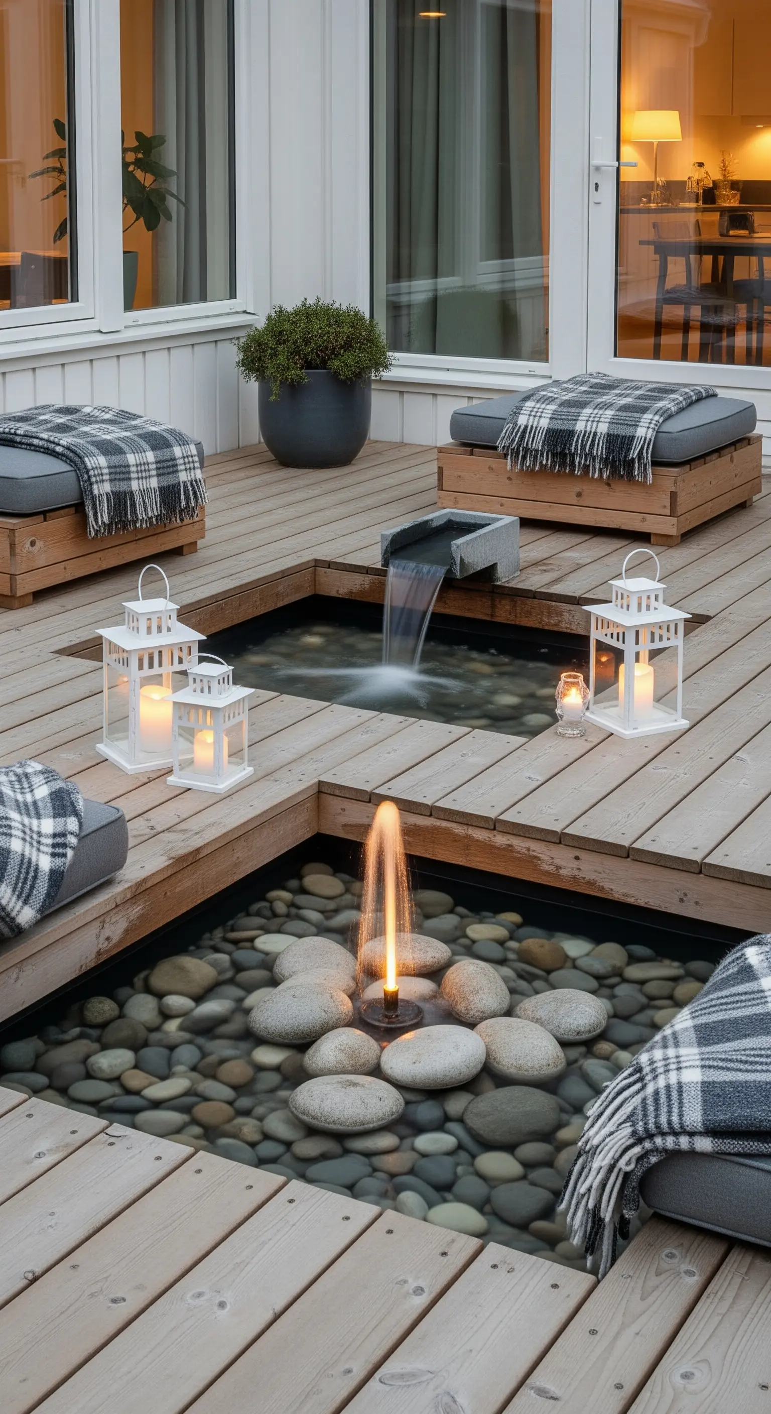 Patio in legno con una piccola fontana a filo pavimento, sassi e lanterne bianche.