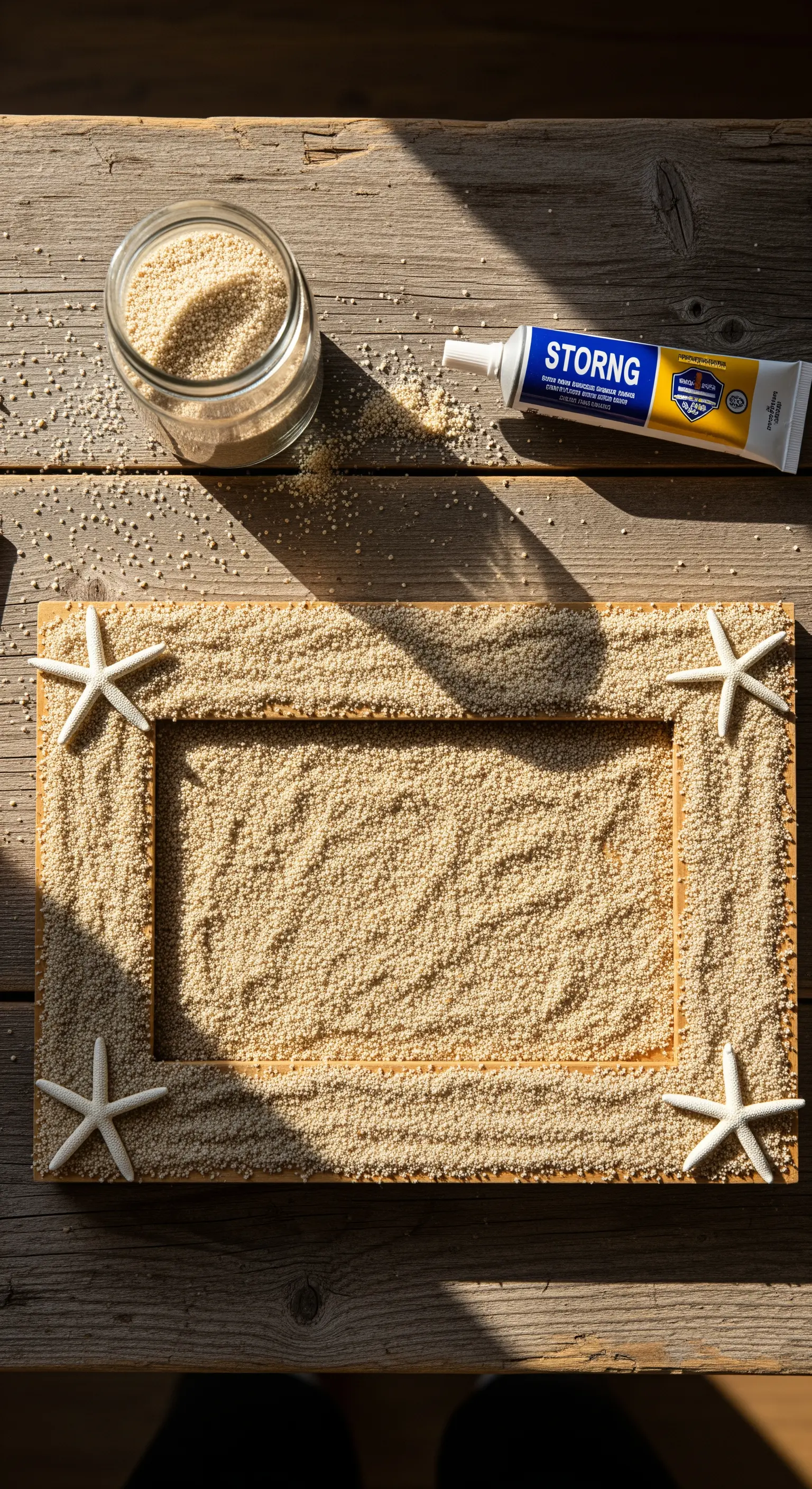 Cornice di legno ricoperta di sabbia con quattro stelle marine bianche agli angoli.