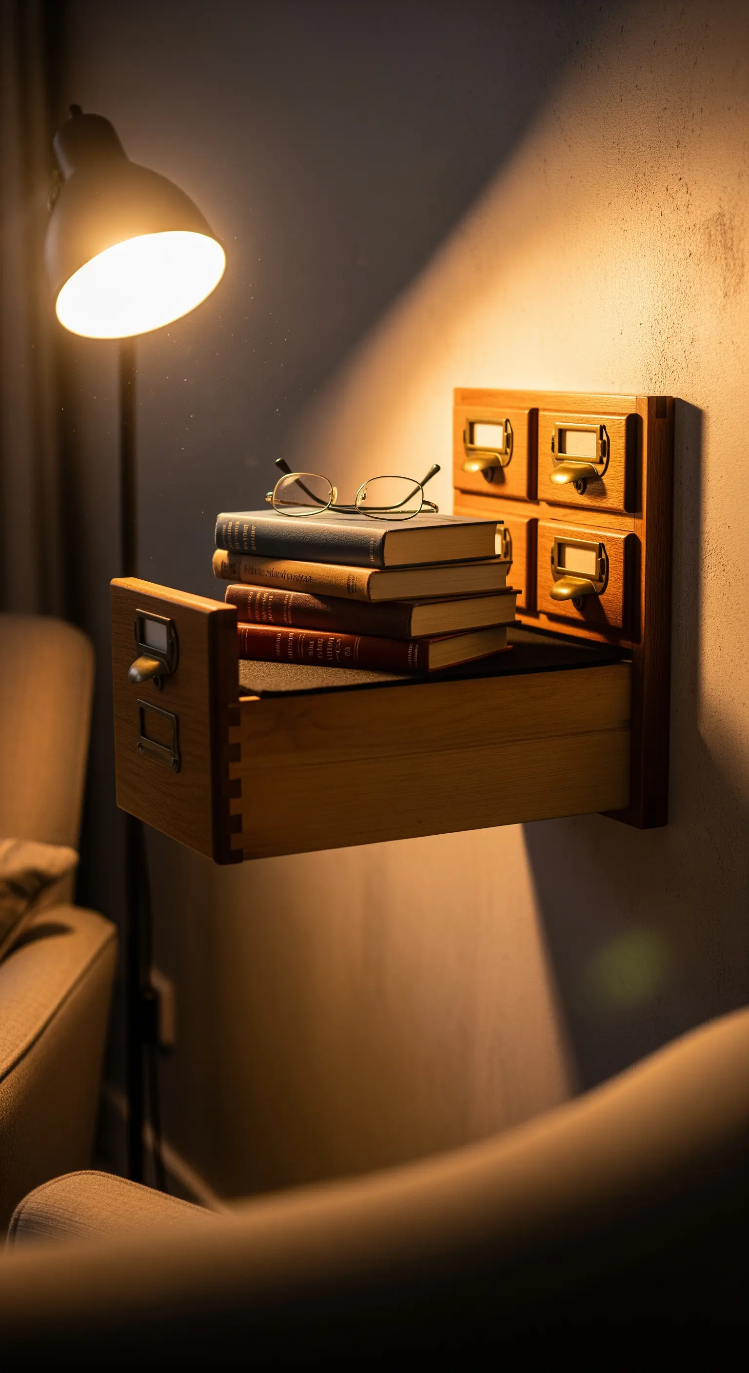 Composizione di cassetti da schedario in legno usata come mensola per libri accanto a una poltrona.